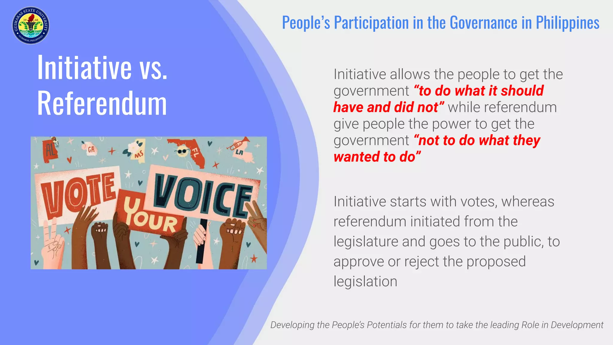 Initiative vs.
Referendum
Initiative allows the people to get the
government “to do what it should
have and did not” while referendum
give people the power to get the
government “not to do what they
wanted to do”
Developing the People’s Potentials for them to take the leading Role in Development
Initiative starts with votes, whereas
referendum initiated from the
legislature and goes to the public, to
approve or reject the proposed
legislation
People’s Participation in the Governance in Philippines
 