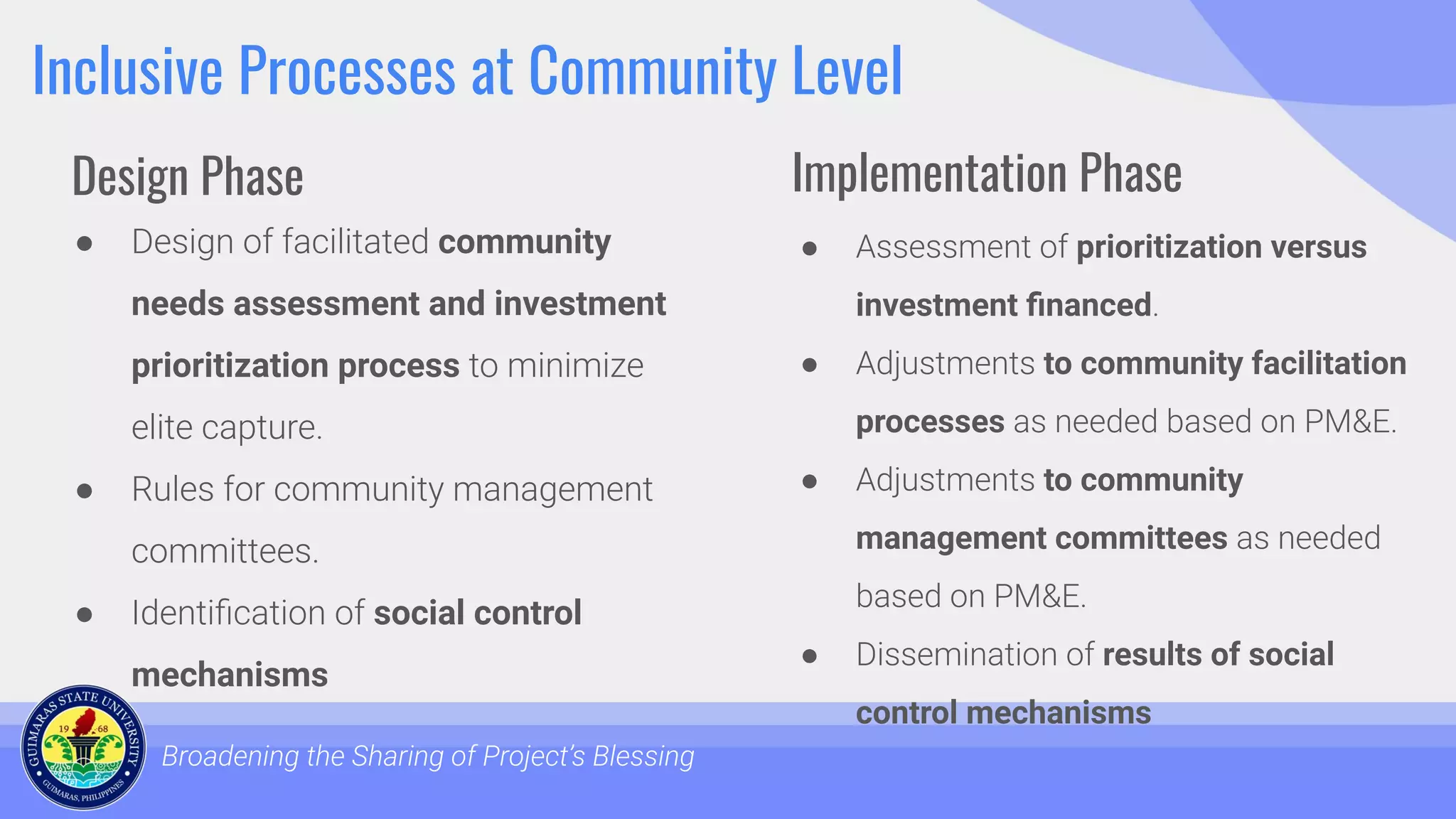 Inclusive Processes at Community Level
● Design of facilitated community
needs assessment and investment
prioritization process to minimize
elite capture.
● Rules for community management
committees.
● Identiﬁcation of social control
mechanisms
Broadening the Sharing of Project’s Blessing
● Assessment of prioritization versus
investment ﬁnanced.
● Adjustments to community facilitation
processes as needed based on PM&E.
● Adjustments to community
management committees as needed
based on PM&E.
● Dissemination of results of social
control mechanisms
Design Phase Implementation Phase
 