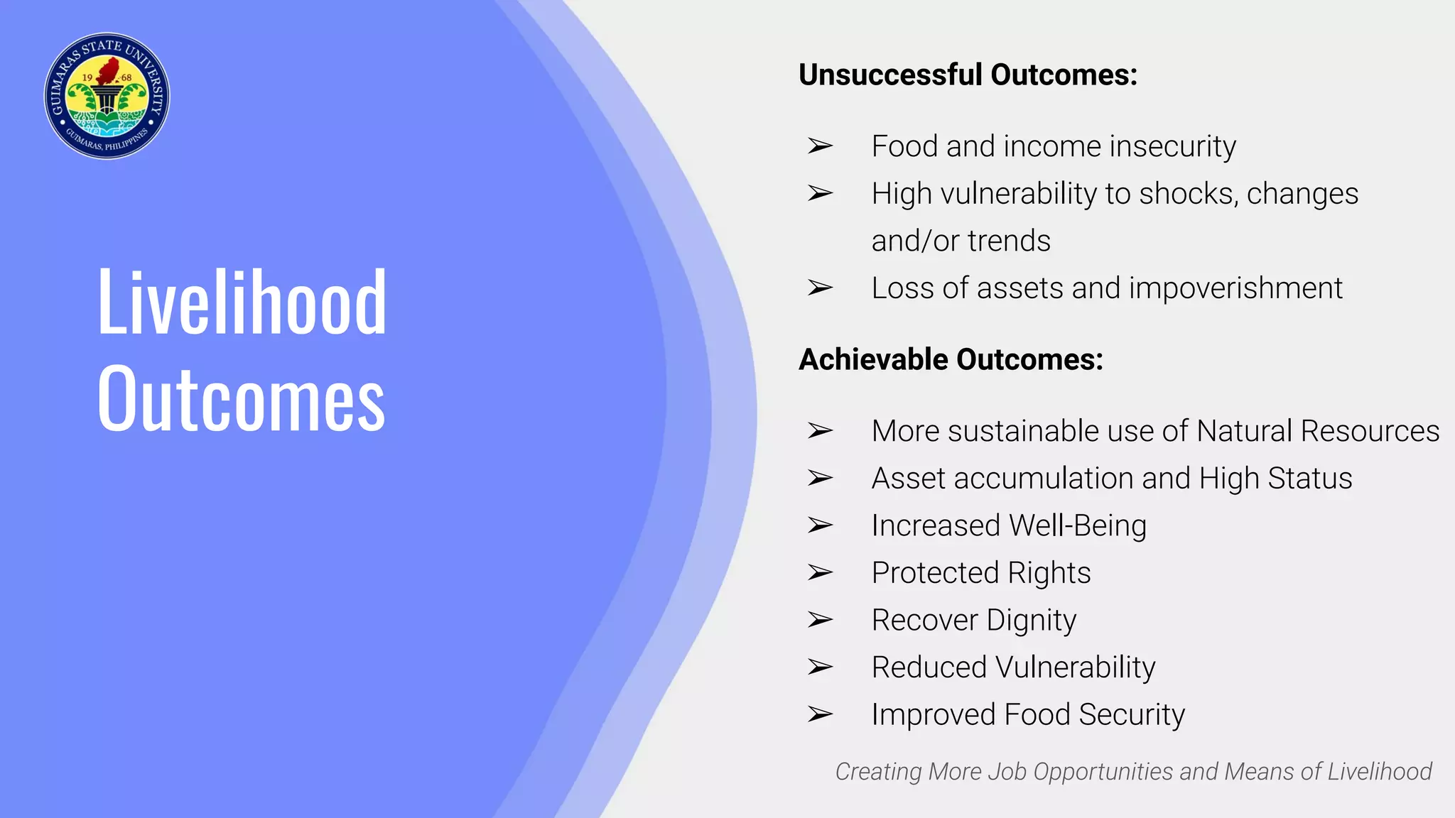 Livelihood
Outcomes
Creating More Job Opportunities and Means of Livelihood
Unsuccessful Outcomes:
➢ Food and income insecurity
➢ High vulnerability to shocks, changes
and/or trends
➢ Loss of assets and impoverishment
Achievable Outcomes:
➢ More sustainable use of Natural Resources
➢ Asset accumulation and High Status
➢ Increased Well-Being
➢ Protected Rights
➢ Recover Dignity
➢ Reduced Vulnerability
➢ Improved Food Security
 