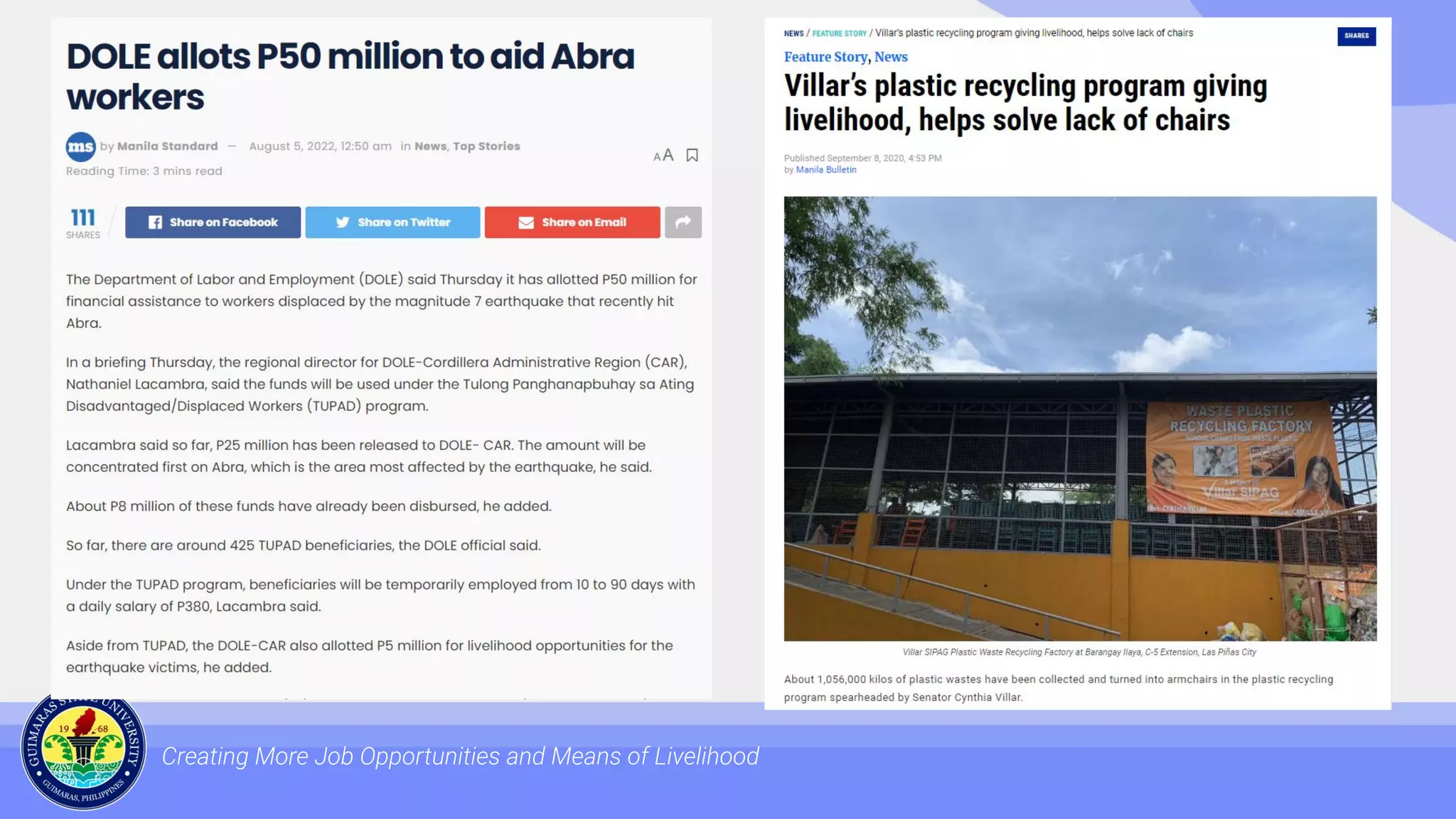 Creating More Job Opportunities and Means of Livelihood
 