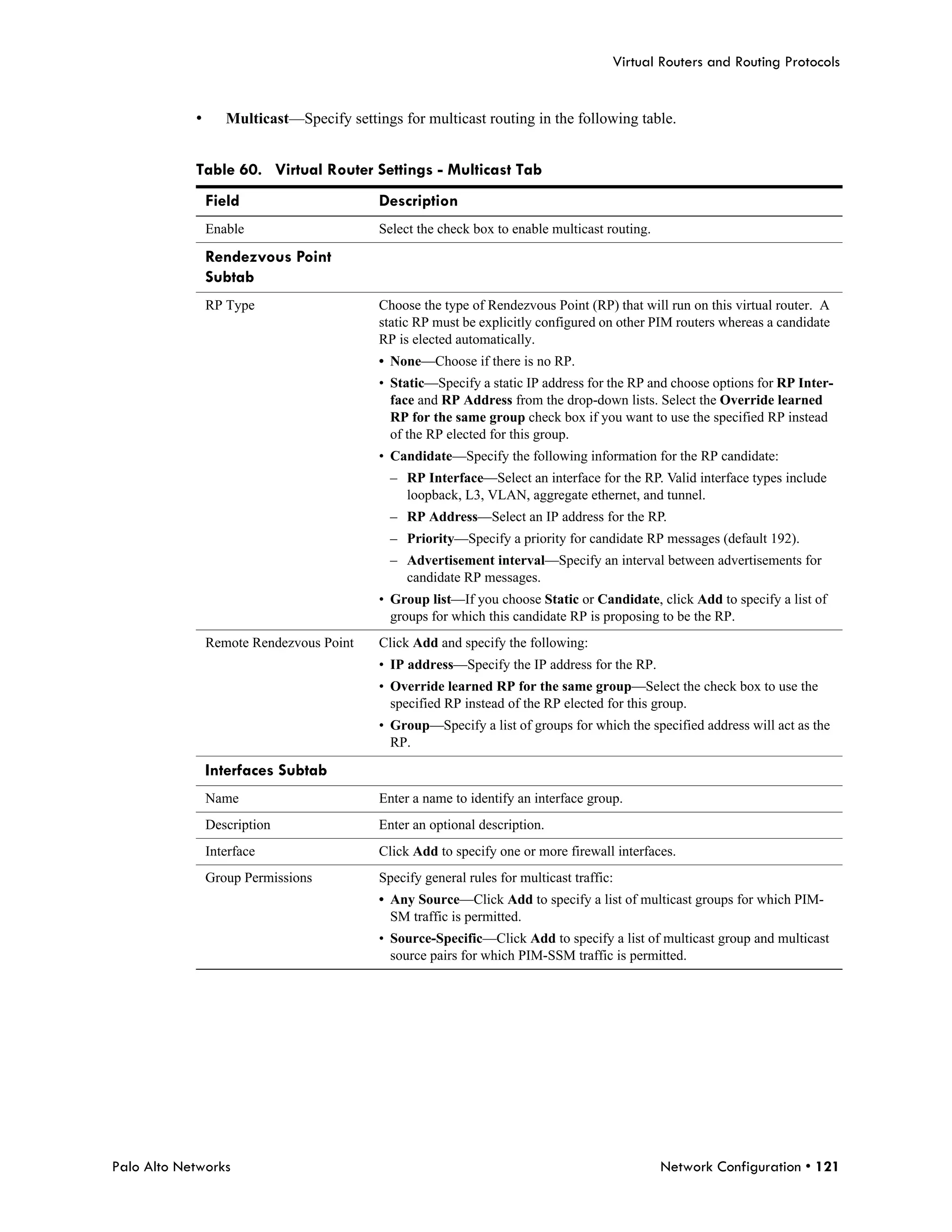 Virtual Routers and Routing Protocols


            •      Multicast—Specify settings for multicast routing in the following table.


            Table 60. Virtual Router Settings - Multicast Tab
                Field                      Description
                Enable                     Select the check box to enable multicast routing.

                Rendezvous Point
                Subtab
                RP Type                    Choose the type of Rendezvous Point (RP) that will run on this virtual router. A
                                           static RP must be explicitly configured on other PIM routers whereas a candidate
                                           RP is elected automatically.
                                           • None—Choose if there is no RP.
                                           • Static—Specify a static IP address for the RP and choose options for RP Inter-
                                             face and RP Address from the drop-down lists. Select the Override learned
                                             RP for the same group check box if you want to use the specified RP instead
                                             of the RP elected for this group.
                                           • Candidate—Specify the following information for the RP candidate:
                                             – RP Interface—Select an interface for the RP. Valid interface types include
                                               loopback, L3, VLAN, aggregate ethernet, and tunnel.
                                             – RP Address—Select an IP address for the RP.
                                             – Priority—Specify a priority for candidate RP messages (default 192).
                                             – Advertisement interval—Specify an interval between advertisements for
                                               candidate RP messages.
                                           • Group list—If you choose Static or Candidate, click Add to specify a list of
                                             groups for which this candidate RP is proposing to be the RP.
                Remote Rendezvous Point    Click Add and specify the following:
                                           • IP address—Specify the IP address for the RP.
                                           • Override learned RP for the same group—Select the check box to use the
                                             specified RP instead of the RP elected for this group.
                                           • Group—Specify a list of groups for which the specified address will act as the
                                             RP.

                Interfaces Subtab
                Name                       Enter a name to identify an interface group.
                Description                Enter an optional description.
                Interface                  Click Add to specify one or more firewall interfaces.
                Group Permissions          Specify general rules for multicast traffic:
                                           • Any Source—Click Add to specify a list of multicast groups for which PIM-
                                             SM traffic is permitted.
                                           • Source-Specific—Click Add to specify a list of multicast group and multicast
                                             source pairs for which PIM-SSM traffic is permitted.




Palo Alto Networks                                                                             Network Configuration • 121
 