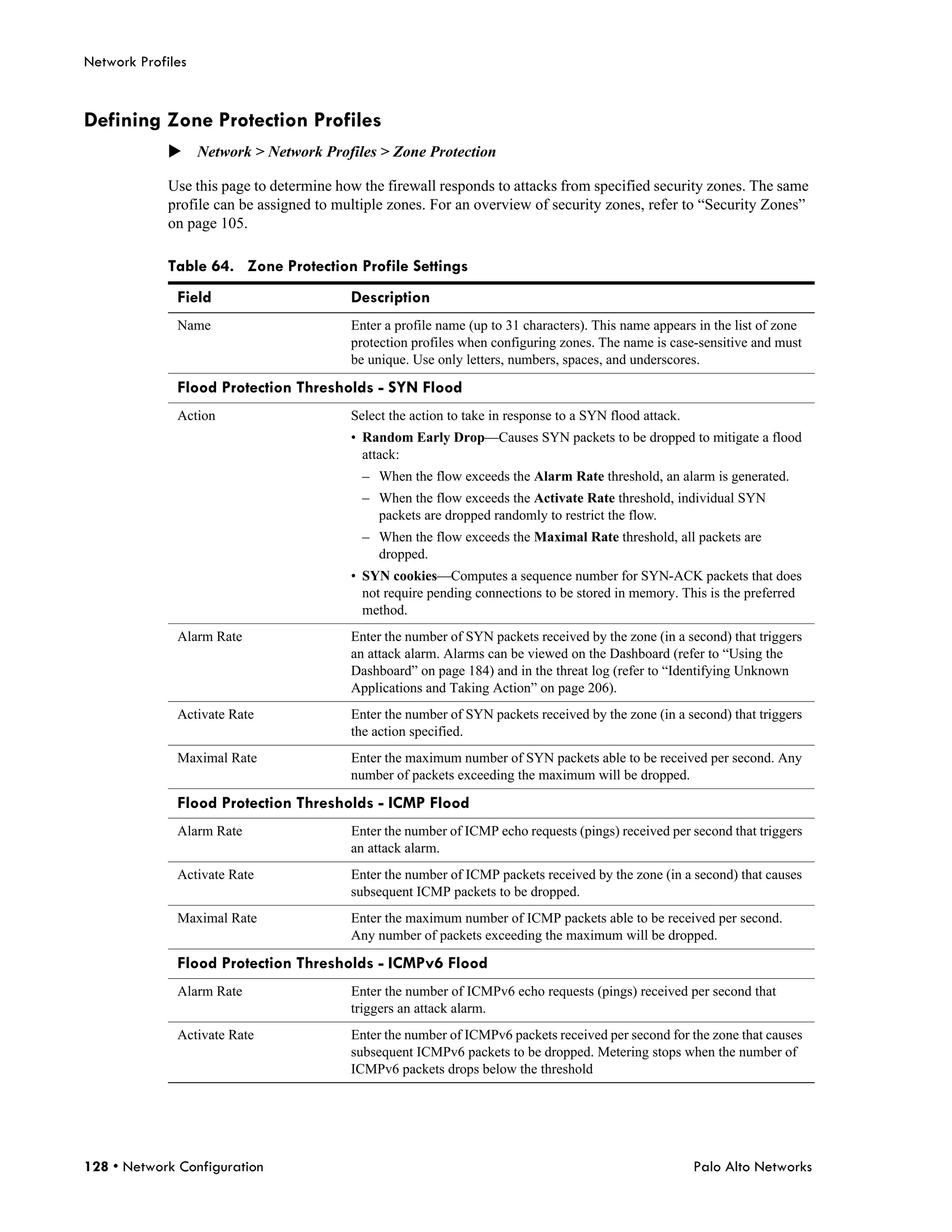 Network Profiles


Defining Zone Protection Profiles
             Network > Network Profiles > Zone Protection

             Use this page to determine how the firewall responds to attacks from specified security zones. The same
             profile can be assigned to multiple zones. For an overview of security zones, refer to “Security Zones”
             on page 105.

             Table 64. Zone Protection Profile Settings
              Field                       Description
              Name                        Enter a profile name (up to 31 characters). This name appears in the list of zone
                                          protection profiles when configuring zones. The name is case-sensitive and must
                                          be unique. Use only letters, numbers, spaces, and underscores.

              Flood Protection Thresholds - SYN Flood
              Action                      Select the action to take in response to a SYN flood attack.
                                          • Random Early Drop—Causes SYN packets to be dropped to mitigate a flood
                                            attack:
                                            – When the flow exceeds the Alarm Rate threshold, an alarm is generated.
                                            – When the flow exceeds the Activate Rate threshold, individual SYN
                                              packets are dropped randomly to restrict the flow.
                                            – When the flow exceeds the Maximal Rate threshold, all packets are
                                              dropped.
                                          • SYN cookies—Computes a sequence number for SYN-ACK packets that does
                                            not require pending connections to be stored in memory. This is the preferred
                                            method.
              Alarm Rate                  Enter the number of SYN packets received by the zone (in a second) that triggers
                                          an attack alarm. Alarms can be viewed on the Dashboard (refer to “Using the
                                          Dashboard” on page 184) and in the threat log (refer to “Identifying Unknown
                                          Applications and Taking Action” on page 206).
              Activate Rate               Enter the number of SYN packets received by the zone (in a second) that triggers
                                          the action specified.
              Maximal Rate                Enter the maximum number of SYN packets able to be received per second. Any
                                          number of packets exceeding the maximum will be dropped.

              Flood Protection Thresholds - ICMP Flood
              Alarm Rate                  Enter the number of ICMP echo requests (pings) received per second that triggers
                                          an attack alarm.
              Activate Rate               Enter the number of ICMP packets received by the zone (in a second) that causes
                                          subsequent ICMP packets to be dropped.
              Maximal Rate                Enter the maximum number of ICMP packets able to be received per second.
                                          Any number of packets exceeding the maximum will be dropped.

              Flood Protection Thresholds - ICMPv6 Flood
              Alarm Rate                  Enter the number of ICMPv6 echo requests (pings) received per second that
                                          triggers an attack alarm.
              Activate Rate               Enter the number of ICMPv6 packets received per second for the zone that causes
                                          subsequent ICMPv6 packets to be dropped. Metering stops when the number of
                                          ICMPv6 packets drops below the threshold




128 • Network Configuration                                                                              Palo Alto Networks
 