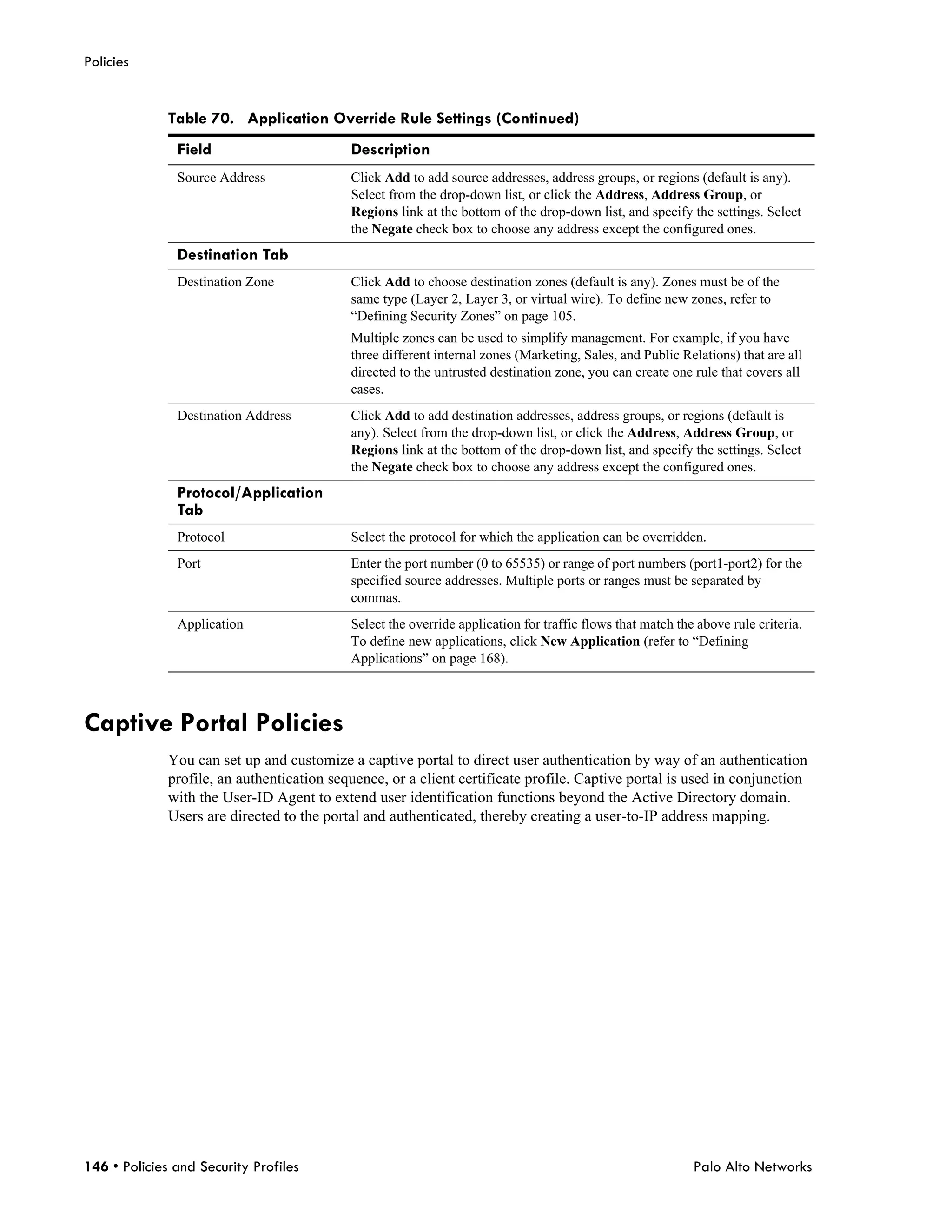 Policies


              Table 70. Application Override Rule Settings (Continued)
               Field                        Description
               Source Address               Click Add to add source addresses, address groups, or regions (default is any).
                                            Select from the drop-down list, or click the Address, Address Group, or
                                            Regions link at the bottom of the drop-down list, and specify the settings. Select
                                            the Negate check box to choose any address except the configured ones.
               Destination Tab
               Destination Zone             Click Add to choose destination zones (default is any). Zones must be of the
                                            same type (Layer 2, Layer 3, or virtual wire). To define new zones, refer to
                                            “Defining Security Zones” on page 105.
                                            Multiple zones can be used to simplify management. For example, if you have
                                            three different internal zones (Marketing, Sales, and Public Relations) that are all
                                            directed to the untrusted destination zone, you can create one rule that covers all
                                            cases.
               Destination Address          Click Add to add destination addresses, address groups, or regions (default is
                                            any). Select from the drop-down list, or click the Address, Address Group, or
                                            Regions link at the bottom of the drop-down list, and specify the settings. Select
                                            the Negate check box to choose any address except the configured ones.
               Protocol/Application
               Tab
               Protocol                     Select the protocol for which the application can be overridden.
               Port                         Enter the port number (0 to 65535) or range of port numbers (port1-port2) for the
                                            specified source addresses. Multiple ports or ranges must be separated by
                                            commas.
               Application                  Select the override application for traffic flows that match the above rule criteria.
                                            To define new applications, click New Application (refer to “Defining
                                            Applications” on page 168).



Captive Portal Policies
              You can set up and customize a captive portal to direct user authentication by way of an authentication
              profile, an authentication sequence, or a client certificate profile. Captive portal is used in conjunction
              with the User-ID Agent to extend user identification functions beyond the Active Directory domain.
              Users are directed to the portal and authenticated, thereby creating a user-to-IP address mapping.




146 • Policies and Security Profiles                                                                        Palo Alto Networks
 