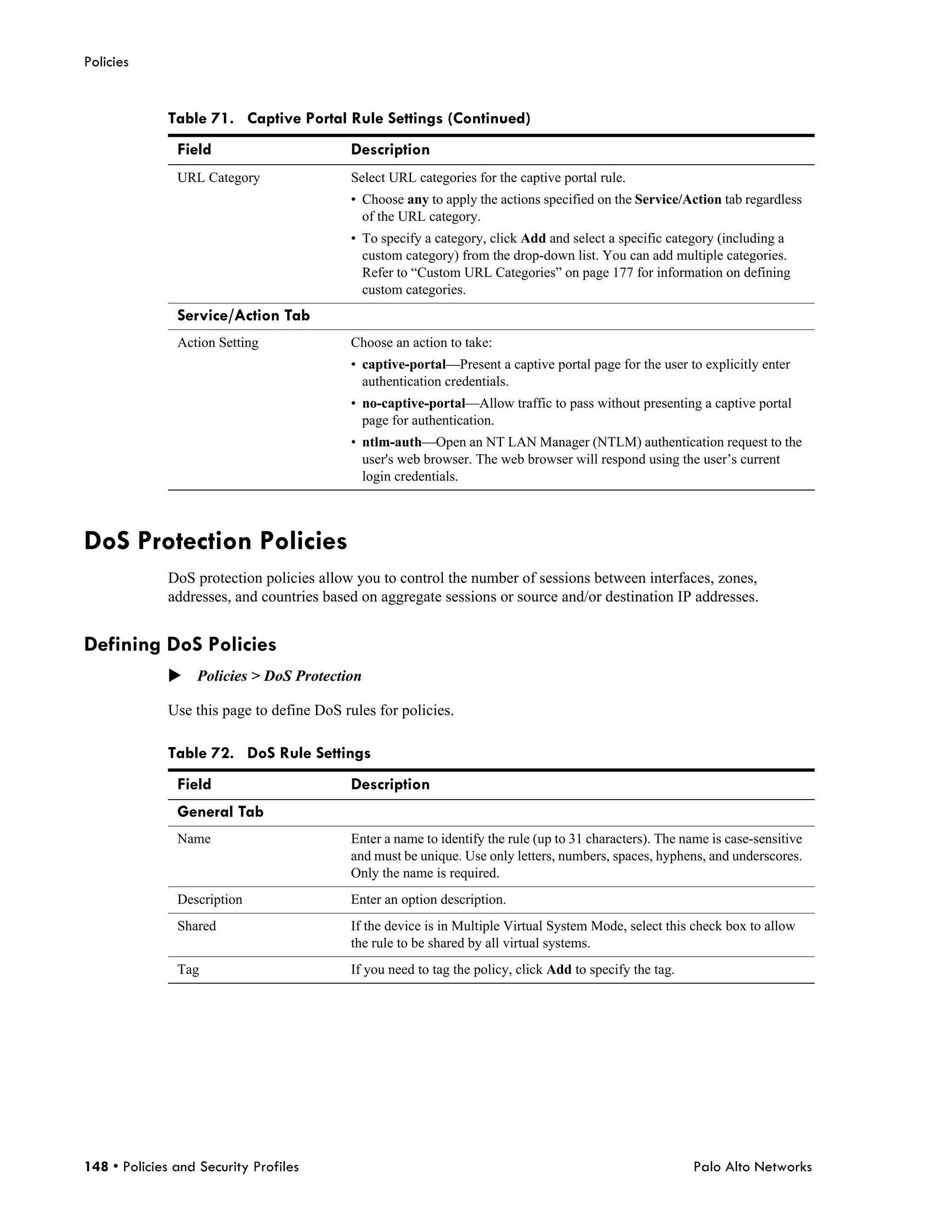Policies


              Table 71. Captive Portal Rule Settings (Continued)
               Field                        Description
               URL Category                 Select URL categories for the captive portal rule.
                                            • Choose any to apply the actions specified on the Service/Action tab regardless
                                              of the URL category.
                                            • To specify a category, click Add and select a specific category (including a
                                              custom category) from the drop-down list. You can add multiple categories.
                                              Refer to “Custom URL Categories” on page 177 for information on defining
                                              custom categories.
               Service/Action Tab
               Action Setting               Choose an action to take:
                                            • captive-portal—Present a captive portal page for the user to explicitly enter
                                              authentication credentials.
                                            • no-captive-portal—Allow traffic to pass without presenting a captive portal
                                              page for authentication.
                                            • ntlm-auth—Open an NT LAN Manager (NTLM) authentication request to the
                                              user's web browser. The web browser will respond using the user’s current
                                              login credentials.



DoS Protection Policies
              DoS protection policies allow you to control the number of sessions between interfaces, zones,
              addresses, and countries based on aggregate sessions or source and/or destination IP addresses.


Defining DoS Policies
              Policies > DoS Protection

              Use this page to define DoS rules for policies.

              Table 72. DoS Rule Settings
               Field                        Description
               General Tab
               Name                         Enter a name to identify the rule (up to 31 characters). The name is case-sensitive
                                            and must be unique. Use only letters, numbers, spaces, hyphens, and underscores.
                                            Only the name is required.
               Description                  Enter an option description.
               Shared                       If the device is in Multiple Virtual System Mode, select this check box to allow
                                            the rule to be shared by all virtual systems.
               Tag                          If you need to tag the policy, click Add to specify the tag.




148 • Policies and Security Profiles                                                                       Palo Alto Networks
 