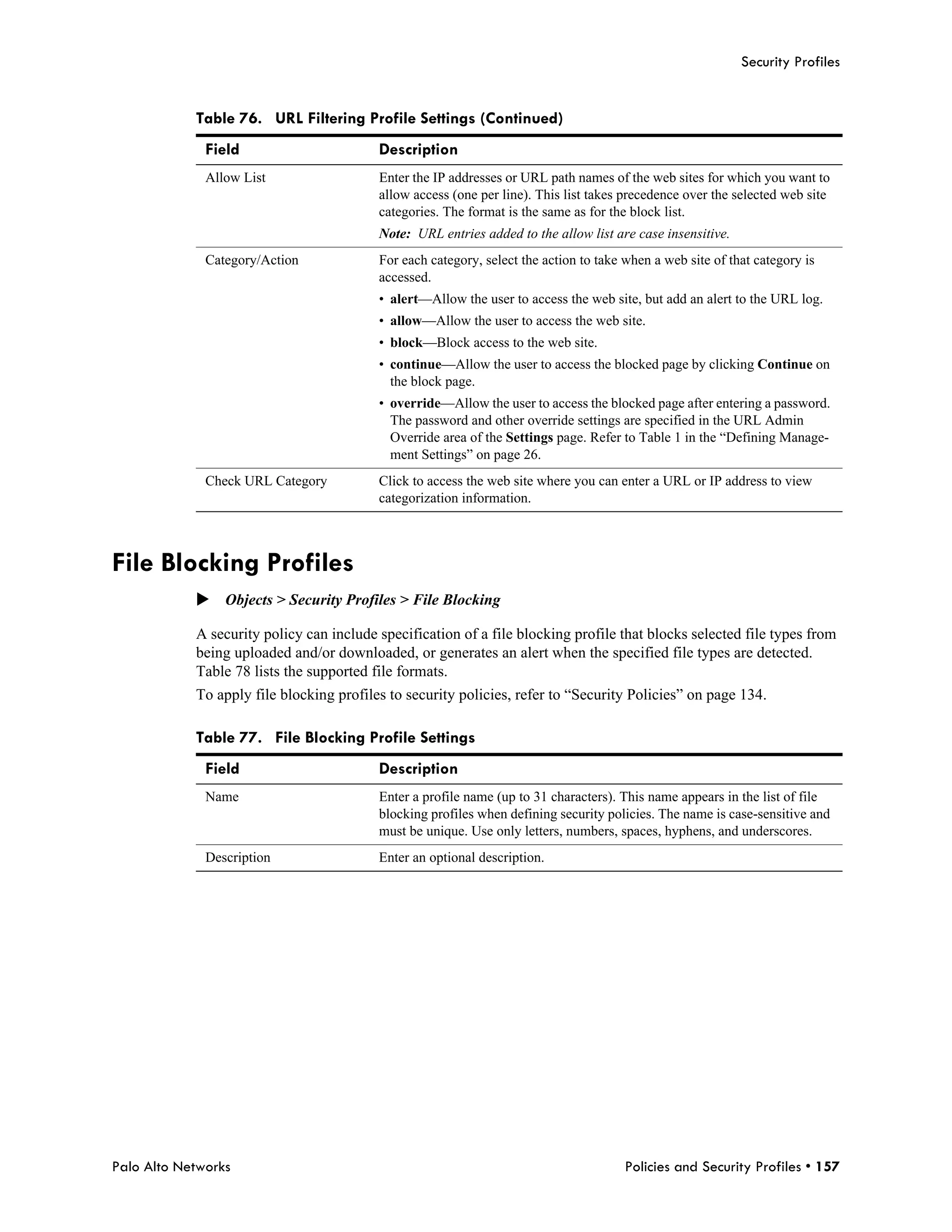 Security Profiles


            Table 76. URL Filtering Profile Settings (Continued)
              Field                       Description
              Allow List                  Enter the IP addresses or URL path names of the web sites for which you want to
                                          allow access (one per line). This list takes precedence over the selected web site
                                          categories. The format is the same as for the block list.
                                          Note: URL entries added to the allow list are case insensitive.
              Category/Action             For each category, select the action to take when a web site of that category is
                                          accessed.
                                          • alert—Allow the user to access the web site, but add an alert to the URL log.
                                          • allow—Allow the user to access the web site.
                                          • block—Block access to the web site.
                                          • continue—Allow the user to access the blocked page by clicking Continue on
                                            the block page.
                                          • override—Allow the user to access the blocked page after entering a password.
                                            The password and other override settings are specified in the URL Admin
                                            Override area of the Settings page. Refer to Table 1 in the “Defining Manage-
                                            ment Settings” on page 26.
              Check URL Category          Click to access the web site where you can enter a URL or IP address to view
                                          categorization information.



File Blocking Profiles
            Objects > Security Profiles > File Blocking

            A security policy can include specification of a file blocking profile that blocks selected file types from
            being uploaded and/or downloaded, or generates an alert when the specified file types are detected.
            Table 78 lists the supported file formats.
            To apply file blocking profiles to security policies, refer to “Security Policies” on page 134.

            Table 77. File Blocking Profile Settings
              Field                       Description
              Name                        Enter a profile name (up to 31 characters). This name appears in the list of file
                                          blocking profiles when defining security policies. The name is case-sensitive and
                                          must be unique. Use only letters, numbers, spaces, hyphens, and underscores.
              Description                 Enter an optional description.




Palo Alto Networks                                                                     Policies and Security Profiles • 157
 