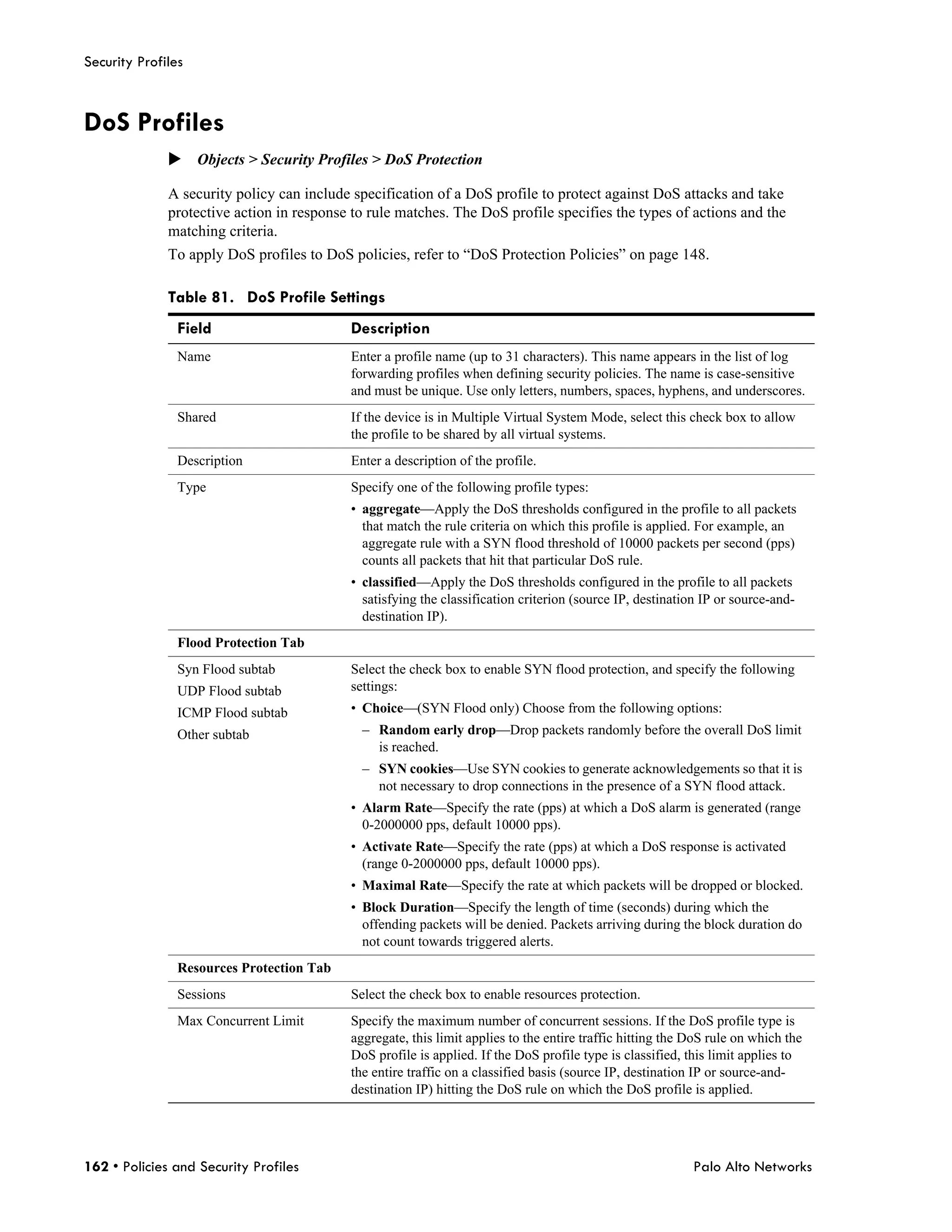 Security Profiles



DoS Profiles
              Objects > Security Profiles > DoS Protection

              A security policy can include specification of a DoS profile to protect against DoS attacks and take
              protective action in response to rule matches. The DoS profile specifies the types of actions and the
              matching criteria.
              To apply DoS profiles to DoS policies, refer to “DoS Protection Policies” on page 148.

              Table 81. DoS Profile Settings
                Field                      Description
                Name                       Enter a profile name (up to 31 characters). This name appears in the list of log
                                           forwarding profiles when defining security policies. The name is case-sensitive
                                           and must be unique. Use only letters, numbers, spaces, hyphens, and underscores.
                Shared                     If the device is in Multiple Virtual System Mode, select this check box to allow
                                           the profile to be shared by all virtual systems.
                Description                Enter a description of the profile.
                Type                       Specify one of the following profile types:
                                           • aggregate—Apply the DoS thresholds configured in the profile to all packets
                                             that match the rule criteria on which this profile is applied. For example, an
                                             aggregate rule with a SYN flood threshold of 10000 packets per second (pps)
                                             counts all packets that hit that particular DoS rule.
                                           • classified—Apply the DoS thresholds configured in the profile to all packets
                                             satisfying the classification criterion (source IP, destination IP or source-and-
                                             destination IP).
                Flood Protection Tab
                Syn Flood subtab           Select the check box to enable SYN flood protection, and specify the following
                UDP Flood subtab           settings:
                ICMP Flood subtab          • Choice—(SYN Flood only) Choose from the following options:
                Other subtab                 – Random early drop—Drop packets randomly before the overall DoS limit
                                               is reached.
                                             – SYN cookies—Use SYN cookies to generate acknowledgements so that it is
                                               not necessary to drop connections in the presence of a SYN flood attack.
                                           • Alarm Rate—Specify the rate (pps) at which a DoS alarm is generated (range
                                             0-2000000 pps, default 10000 pps).
                                           • Activate Rate—Specify the rate (pps) at which a DoS response is activated
                                             (range 0-2000000 pps, default 10000 pps).
                                           • Maximal Rate—Specify the rate at which packets will be dropped or blocked.
                                           • Block Duration—Specify the length of time (seconds) during which the
                                             offending packets will be denied. Packets arriving during the block duration do
                                             not count towards triggered alerts.
                Resources Protection Tab
                Sessions                   Select the check box to enable resources protection.
                Max Concurrent Limit       Specify the maximum number of concurrent sessions. If the DoS profile type is
                                           aggregate, this limit applies to the entire traffic hitting the DoS rule on which the
                                           DoS profile is applied. If the DoS profile type is classified, this limit applies to
                                           the entire traffic on a classified basis (source IP, destination IP or source-and-
                                           destination IP) hitting the DoS rule on which the DoS profile is applied.




162 • Policies and Security Profiles                                                                       Palo Alto Networks
 