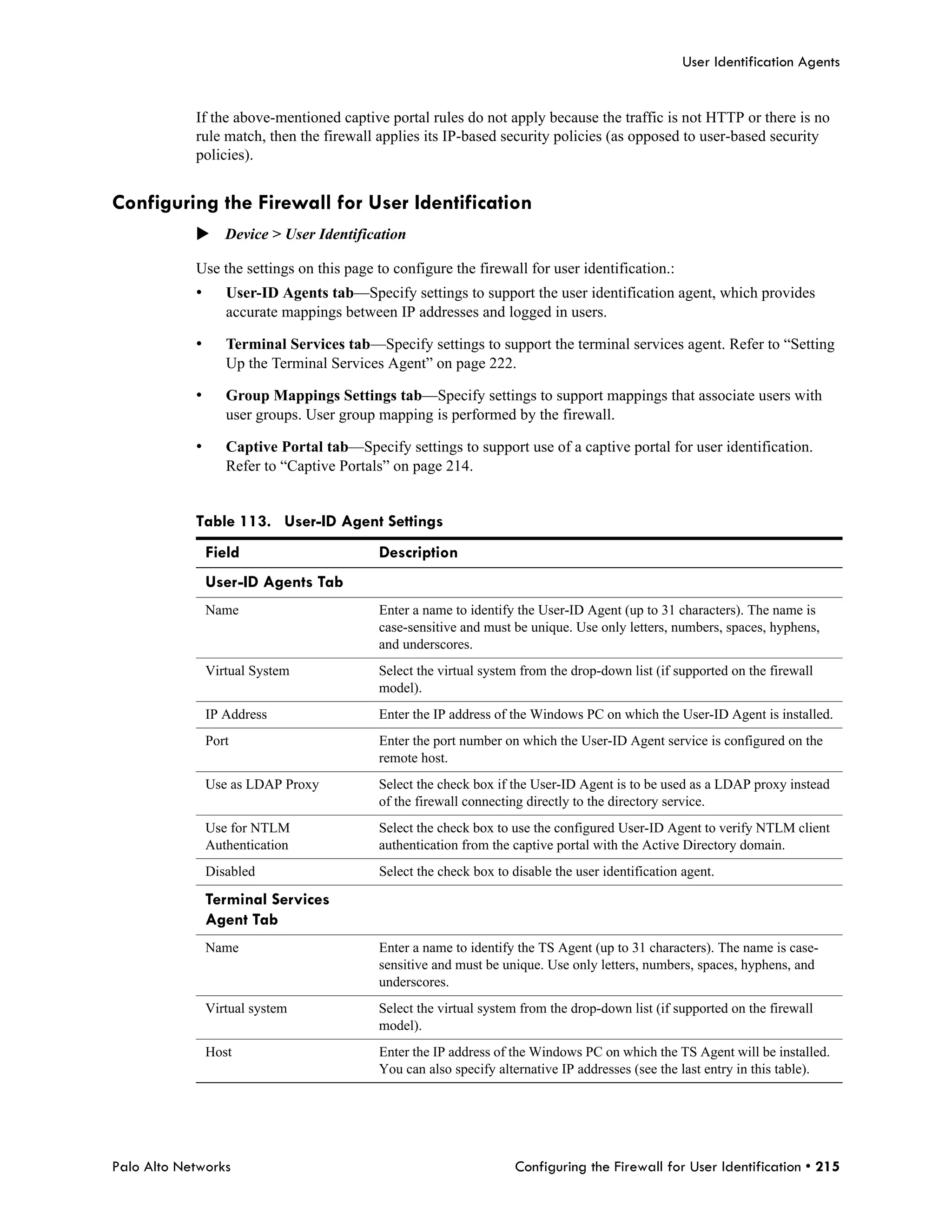 User Identification Agents


            If the above-mentioned captive portal rules do not apply because the traffic is not HTTP or there is no
            rule match, then the firewall applies its IP-based security policies (as opposed to user-based security
            policies).


Configuring the Firewall for User Identification
            Device > User Identification

            Use the settings on this page to configure the firewall for user identification.:
            •      User-ID Agents tab—Specify settings to support the user identification agent, which provides
                   accurate mappings between IP addresses and logged in users.

            •      Terminal Services tab—Specify settings to support the terminal services agent. Refer to “Setting
                   Up the Terminal Services Agent” on page 222.

            •      Group Mappings Settings tab—Specify settings to support mappings that associate users with
                   user groups. User group mapping is performed by the firewall.

            •      Captive Portal tab—Specify settings to support use of a captive portal for user identification.
                   Refer to “Captive Portals” on page 214.


            Table 113. User-ID Agent Settings
                Field                      Description
                User-ID Agents Tab
                Name                       Enter a name to identify the User-ID Agent (up to 31 characters). The name is
                                           case-sensitive and must be unique. Use only letters, numbers, spaces, hyphens,
                                           and underscores.
                Virtual System             Select the virtual system from the drop-down list (if supported on the firewall
                                           model).
                IP Address                 Enter the IP address of the Windows PC on which the User-ID Agent is installed.
                Port                       Enter the port number on which the User-ID Agent service is configured on the
                                           remote host.
                Use as LDAP Proxy          Select the check box if the User-ID Agent is to be used as a LDAP proxy instead
                                           of the firewall connecting directly to the directory service.
                Use for NTLM               Select the check box to use the configured User-ID Agent to verify NTLM client
                Authentication             authentication from the captive portal with the Active Directory domain.
                Disabled                   Select the check box to disable the user identification agent.

                Terminal Services
                Agent Tab
                Name                       Enter a name to identify the TS Agent (up to 31 characters). The name is case-
                                           sensitive and must be unique. Use only letters, numbers, spaces, hyphens, and
                                           underscores.
                Virtual system             Select the virtual system from the drop-down list (if supported on the firewall
                                           model).
                Host                       Enter the IP address of the Windows PC on which the TS Agent will be installed.
                                           You can also specify alternative IP addresses (see the last entry in this table).




Palo Alto Networks                                                  Configuring the Firewall for User Identification • 215
 