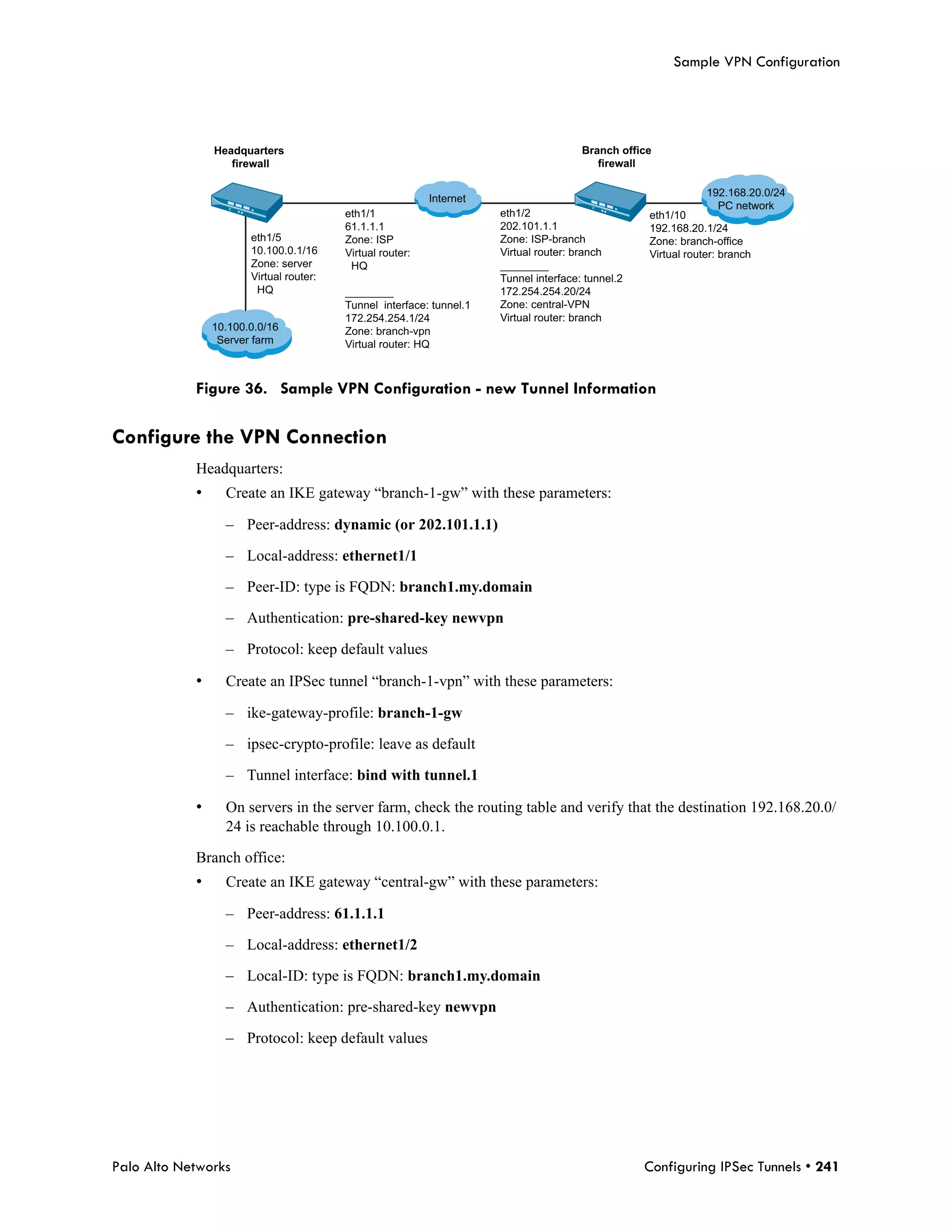 Sample VPN Configuration




                Headquarters                                                           Branch office
                   firewall                                                               firewall

                                                                                                               192.168.20.0/24
                                                           Internet
                                                                                                                 PC network
                                         eth1/1                       eth1/2                       eth1/10
                                         61.1.1.1                     202.101.1.1                  192.168.20.1/24
                       eth1/5            Zone: ISP                    Zone: ISP-branch             Zone: branch-office
                       10.100.0.1/16     Virtual router:              Virtual router: branch       Virtual router: branch
                       Zone: server       HQ                          ________
                       Virtual router:                                Tunnel interface: tunnel.2
                        HQ               ________                     172.254.254.20/24
                                         Tunnel interface: tunnel.1   Zone: central-VPN
                                         172.254.254.1/24             Virtual router: branch
                10.100.0.0/16            Zone: branch-vpn
                 Server farm             Virtual router: HQ



            Figure 36. Sample VPN Configuration - new Tunnel Information

Configure the VPN Connection
            Headquarters:
            •     Create an IKE gateway “branch-1-gw” with these parameters:

                  – Peer-address: dynamic (or 202.101.1.1)

                  – Local-address: ethernet1/1

                  – Peer-ID: type is FQDN: branch1.my.domain

                  – Authentication: pre-shared-key newvpn

                  – Protocol: keep default values

            •     Create an IPSec tunnel “branch-1-vpn” with these parameters:

                  – ike-gateway-profile: branch-1-gw

                  – ipsec-crypto-profile: leave as default

                  – Tunnel interface: bind with tunnel.1

            •     On servers in the server farm, check the routing table and verify that the destination 192.168.20.0/
                  24 is reachable through 10.100.0.1.

            Branch office:
            •     Create an IKE gateway “central-gw” with these parameters:

                  – Peer-address: 61.1.1.1

                  – Local-address: ethernet1/2

                  – Local-ID: type is FQDN: branch1.my.domain

                  – Authentication: pre-shared-key newvpn

                  – Protocol: keep default values




Palo Alto Networks                                                                                 Configuring IPSec Tunnels • 241
 