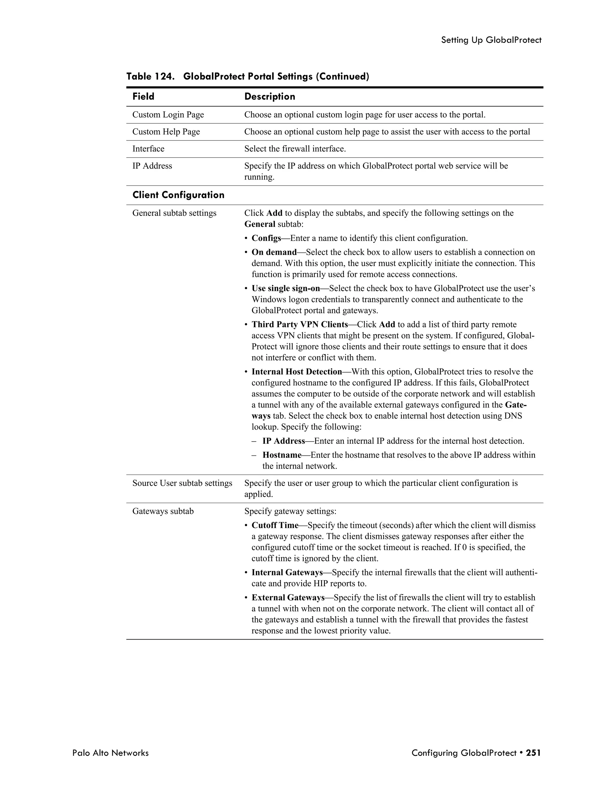 Setting Up GlobalProtect


            Table 124. GlobalProtect Portal Settings (Continued)
              Field                         Description
              Custom Login Page             Choose an optional custom login page for user access to the portal.
              Custom Help Page              Choose an optional custom help page to assist the user with access to the portal
              Interface                     Select the firewall interface.
              IP Address                    Specify the IP address on which GlobalProtect portal web service will be
                                            running.

              Client Configuration
              General subtab settings       Click Add to display the subtabs, and specify the following settings on the
                                            General subtab:
                                            • Configs—Enter a name to identify this client configuration.
                                            • On demand—Select the check box to allow users to establish a connection on
                                              demand. With this option, the user must explicitly initiate the connection. This
                                              function is primarily used for remote access connections.
                                            • Use single sign-on—Select the check box to have GlobalProtect use the user’s
                                              Windows logon credentials to transparently connect and authenticate to the
                                              GlobalProtect portal and gateways.
                                            • Third Party VPN Clients—Click Add to add a list of third party remote
                                              access VPN clients that might be present on the system. If configured, Global-
                                              Protect will ignore those clients and their route settings to ensure that it does
                                              not interfere or conflict with them.
                                            • Internal Host Detection—With this option, GlobalProtect tries to resolve the
                                              configured hostname to the configured IP address. If this fails, GlobalProtect
                                              assumes the computer to be outside of the corporate network and will establish
                                              a tunnel with any of the available external gateways configured in the Gate-
                                              ways tab. Select the check box to enable internal host detection using DNS
                                              lookup. Specify the following:
                                              – IP Address—Enter an internal IP address for the internal host detection.
                                              – Hostname—Enter the hostname that resolves to the above IP address within
                                                the internal network.
              Source User subtab settings   Specify the user or user group to which the particular client configuration is
                                            applied.
              Gateways subtab               Specify gateway settings:
                                            • Cutoff Time—Specify the timeout (seconds) after which the client will dismiss
                                              a gateway response. The client dismisses gateway responses after either the
                                              configured cutoff time or the socket timeout is reached. If 0 is specified, the
                                              cutoff time is ignored by the client.
                                            • Internal Gateways—Specify the internal firewalls that the client will authenti-
                                              cate and provide HIP reports to.
                                            • External Gateways—Specify the list of firewalls the client will try to establish
                                              a tunnel with when not on the corporate network. The client will contact all of
                                              the gateways and establish a tunnel with the firewall that provides the fastest
                                              response and the lowest priority value.




Palo Alto Networks                                                                         Configuring GlobalProtect • 251
 