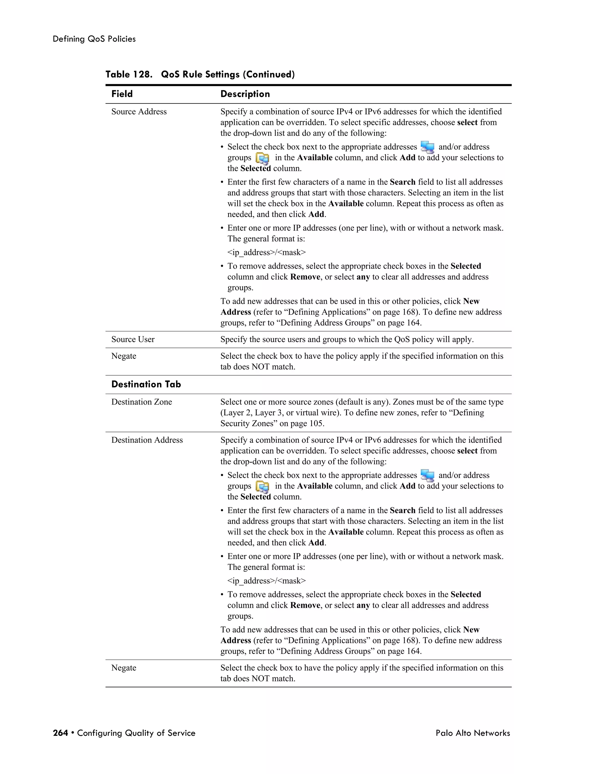Defining QoS Policies


             Table 128. QoS Rule Settings (Continued)
              Field                    Description
              Source Address           Specify a combination of source IPv4 or IPv6 addresses for which the identified
                                       application can be overridden. To select specific addresses, choose select from
                                       the drop-down list and do any of the following:
                                       • Select the check box next to the appropriate addresses     and/or address
                                         groups        in the Available column, and click Add to add your selections to
                                         the Selected column.
                                       • Enter the first few characters of a name in the Search field to list all addresses
                                         and address groups that start with those characters. Selecting an item in the list
                                         will set the check box in the Available column. Repeat this process as often as
                                         needed, and then click Add.
                                       • Enter one or more IP addresses (one per line), with or without a network mask.
                                         The general format is:
                                         <ip_address>/<mask>
                                       • To remove addresses, select the appropriate check boxes in the Selected
                                         column and click Remove, or select any to clear all addresses and address
                                         groups.
                                       To add new addresses that can be used in this or other policies, click New
                                       Address (refer to “Defining Applications” on page 168). To define new address
                                       groups, refer to “Defining Address Groups” on page 164.
              Source User              Specify the source users and groups to which the QoS policy will apply.
              Negate                   Select the check box to have the policy apply if the specified information on this
                                       tab does NOT match.

              Destination Tab
              Destination Zone         Select one or more source zones (default is any). Zones must be of the same type
                                       (Layer 2, Layer 3, or virtual wire). To define new zones, refer to “Defining
                                       Security Zones” on page 105.
              Destination Address      Specify a combination of source IPv4 or IPv6 addresses for which the identified
                                       application can be overridden. To select specific addresses, choose select from
                                       the drop-down list and do any of the following:
                                       • Select the check box next to the appropriate addresses     and/or address
                                         groups        in the Available column, and click Add to add your selections to
                                         the Selected column.
                                       • Enter the first few characters of a name in the Search field to list all addresses
                                         and address groups that start with those characters. Selecting an item in the list
                                         will set the check box in the Available column. Repeat this process as often as
                                         needed, and then click Add.
                                       • Enter one or more IP addresses (one per line), with or without a network mask.
                                         The general format is:
                                         <ip_address>/<mask>
                                       • To remove addresses, select the appropriate check boxes in the Selected
                                         column and click Remove, or select any to clear all addresses and address
                                         groups.
                                       To add new addresses that can be used in this or other policies, click New
                                       Address (refer to “Defining Applications” on page 168). To define new address
                                       groups, refer to “Defining Address Groups” on page 164.
              Negate                   Select the check box to have the policy apply if the specified information on this
                                       tab does NOT match.




264 • Configuring Quality of Service                                                                  Palo Alto Networks
 