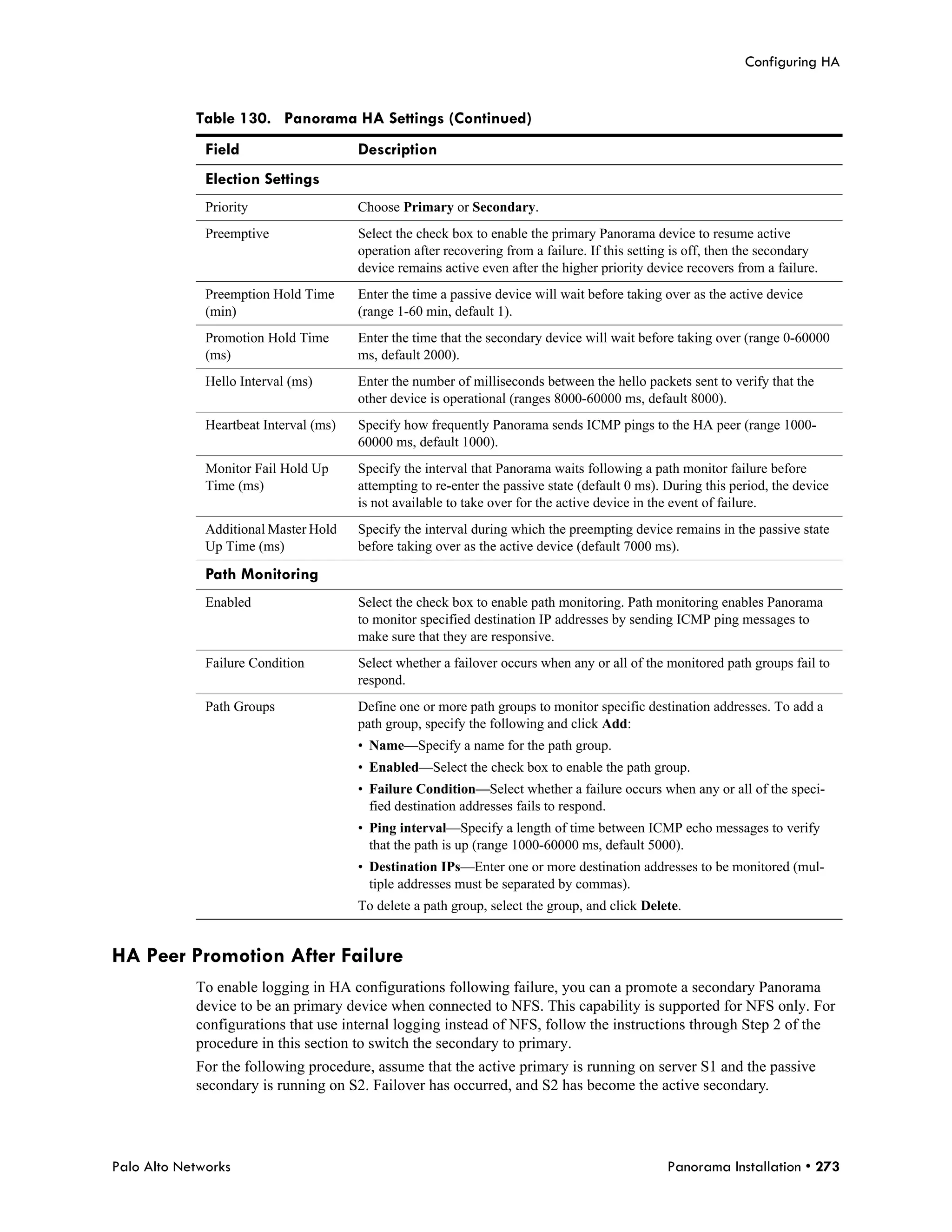 Configuring HA


            Table 130. Panorama HA Settings (Continued)
              Field                     Description
              Election Settings
              Priority                  Choose Primary or Secondary.
              Preemptive                Select the check box to enable the primary Panorama device to resume active
                                        operation after recovering from a failure. If this setting is off, then the secondary
                                        device remains active even after the higher priority device recovers from a failure.
              Preemption Hold Time      Enter the time a passive device will wait before taking over as the active device
              (min)                     (range 1-60 min, default 1).
              Promotion Hold Time       Enter the time that the secondary device will wait before taking over (range 0-60000
              (ms)                      ms, default 2000).
              Hello Interval (ms)       Enter the number of milliseconds between the hello packets sent to verify that the
                                        other device is operational (ranges 8000-60000 ms, default 8000).
              Heartbeat Interval (ms)   Specify how frequently Panorama sends ICMP pings to the HA peer (range 1000-
                                        60000 ms, default 1000).
              Monitor Fail Hold Up      Specify the interval that Panorama waits following a path monitor failure before
              Time (ms)                 attempting to re-enter the passive state (default 0 ms). During this period, the device
                                        is not available to take over for the active device in the event of failure.
              Additional Master Hold    Specify the interval during which the preempting device remains in the passive state
              Up Time (ms)              before taking over as the active device (default 7000 ms).

              Path Monitoring
              Enabled                   Select the check box to enable path monitoring. Path monitoring enables Panorama
                                        to monitor specified destination IP addresses by sending ICMP ping messages to
                                        make sure that they are responsive.
              Failure Condition         Select whether a failover occurs when any or all of the monitored path groups fail to
                                        respond.
              Path Groups               Define one or more path groups to monitor specific destination addresses. To add a
                                        path group, specify the following and click Add:
                                        • Name—Specify a name for the path group.
                                        • Enabled—Select the check box to enable the path group.
                                        • Failure Condition—Select whether a failure occurs when any or all of the speci-
                                          fied destination addresses fails to respond.
                                        • Ping interval—Specify a length of time between ICMP echo messages to verify
                                          that the path is up (range 1000-60000 ms, default 5000).
                                        • Destination IPs—Enter one or more destination addresses to be monitored (mul-
                                          tiple addresses must be separated by commas).
                                        To delete a path group, select the group, and click Delete.


HA Peer Promotion After Failure
            To enable logging in HA configurations following failure, you can a promote a secondary Panorama
            device to be an primary device when connected to NFS. This capability is supported for NFS only. For
            configurations that use internal logging instead of NFS, follow the instructions through Step 2 of the
            procedure in this section to switch the secondary to primary.
            For the following procedure, assume that the active primary is running on server S1 and the passive
            secondary is running on S2. Failover has occurred, and S2 has become the active secondary.




Palo Alto Networks                                                                               Panorama Installation • 273
 