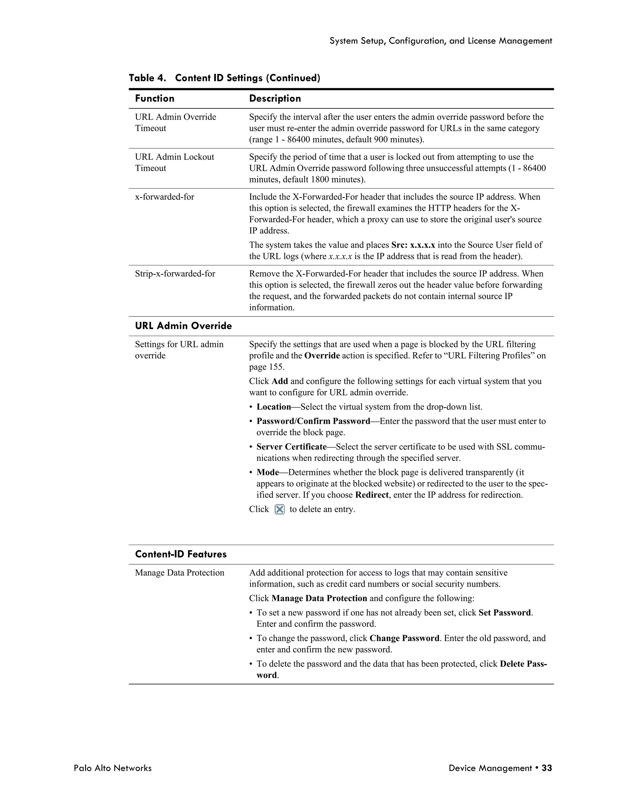 System Setup, Configuration, and License Management


            Table 4. Content ID Settings (Continued)
              Function                 Description
              URL Admin Override       Specify the interval after the user enters the admin override password before the
              Timeout                  user must re-enter the admin override password for URLs in the same category
                                       (range 1 - 86400 minutes, default 900 minutes).
              URL Admin Lockout        Specify the period of time that a user is locked out from attempting to use the
              Timeout                  URL Admin Override password following three unsuccessful attempts (1 - 86400
                                       minutes, default 1800 minutes).
              x-forwarded-for          Include the X-Forwarded-For header that includes the source IP address. When
                                       this option is selected, the firewall examines the HTTP headers for the X-
                                       Forwarded-For header, which a proxy can use to store the original user's source
                                       IP address.
                                       The system takes the value and places Src: x.x.x.x into the Source User field of
                                       the URL logs (where x.x.x.x is the IP address that is read from the header).
              Strip-x-forwarded-for    Remove the X-Forwarded-For header that includes the source IP address. When
                                       this option is selected, the firewall zeros out the header value before forwarding
                                       the request, and the forwarded packets do not contain internal source IP
                                       information.

              URL Admin Override
              Settings for URL admin   Specify the settings that are used when a page is blocked by the URL filtering
              override                 profile and the Override action is specified. Refer to “URL Filtering Profiles” on
                                       page 155.
                                       Click Add and configure the following settings for each virtual system that you
                                       want to configure for URL admin override.
                                       • Location—Select the virtual system from the drop-down list.
                                       • Password/Confirm Password—Enter the password that the user must enter to
                                         override the block page.
                                       • Server Certificate—Select the server certificate to be used with SSL commu-
                                         nications when redirecting through the specified server.
                                       • Mode—Determines whether the block page is delivered transparently (it
                                         appears to originate at the blocked website) or redirected to the user to the spec-
                                         ified server. If you choose Redirect, enter the IP address for redirection.
                                       Click      to delete an entry.



              Content-ID Features
              Manage Data Protection   Add additional protection for access to logs that may contain sensitive
                                       information, such as credit card numbers or social security numbers.
                                       Click Manage Data Protection and configure the following:
                                       • To set a new password if one has not already been set, click Set Password.
                                         Enter and confirm the password.
                                       • To change the password, click Change Password. Enter the old password, and
                                         enter and confirm the new password.
                                       • To delete the password and the data that has been protected, click Delete Pass-
                                         word.




Palo Alto Networks                                                                             Device Management • 33
 