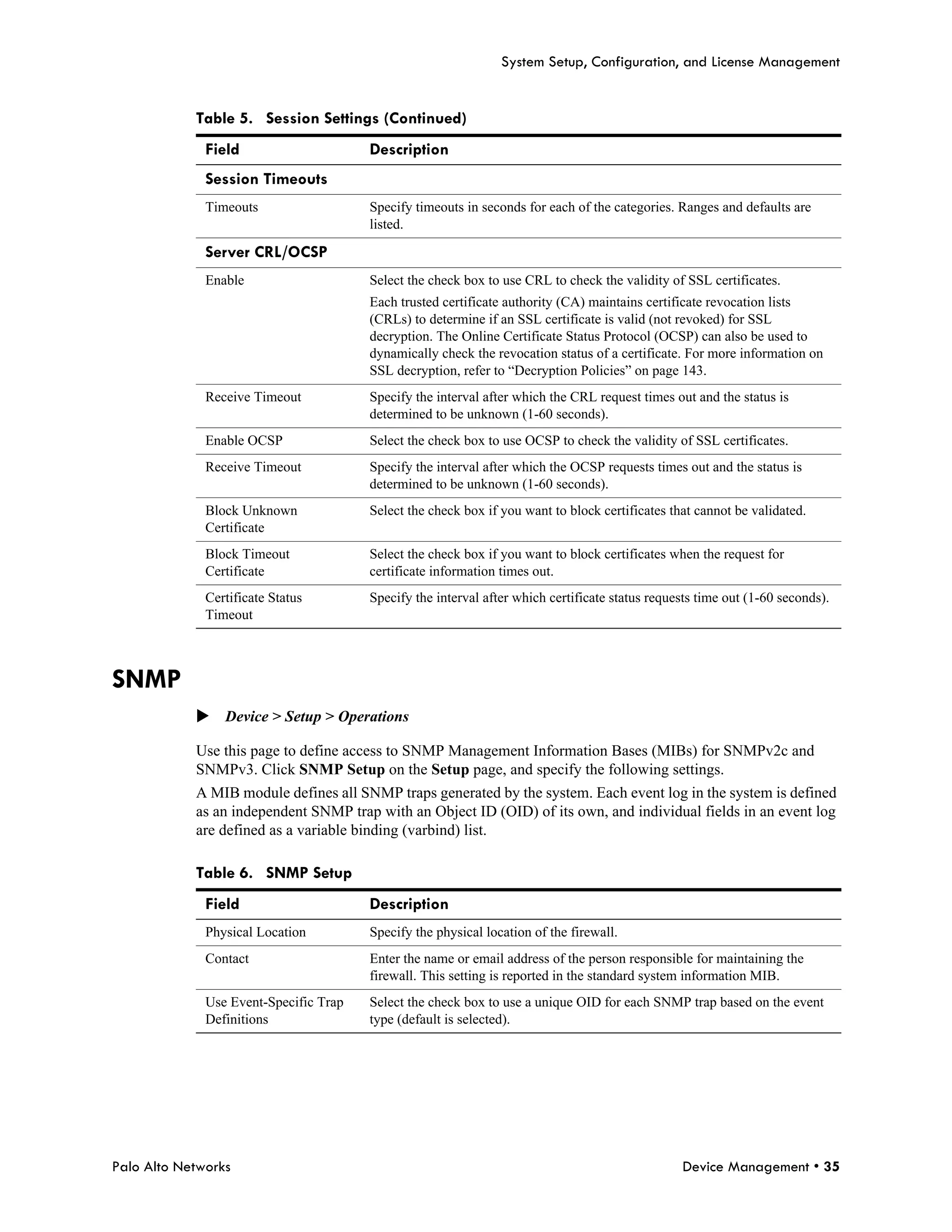 System Setup, Configuration, and License Management


            Table 5. Session Settings (Continued)
              Field                     Description
              Session Timeouts
              Timeouts                  Specify timeouts in seconds for each of the categories. Ranges and defaults are
                                        listed.

              Server CRL/OCSP
              Enable                    Select the check box to use CRL to check the validity of SSL certificates.
                                        Each trusted certificate authority (CA) maintains certificate revocation lists
                                        (CRLs) to determine if an SSL certificate is valid (not revoked) for SSL
                                        decryption. The Online Certificate Status Protocol (OCSP) can also be used to
                                        dynamically check the revocation status of a certificate. For more information on
                                        SSL decryption, refer to “Decryption Policies” on page 143.
              Receive Timeout           Specify the interval after which the CRL request times out and the status is
                                        determined to be unknown (1-60 seconds).
              Enable OCSP               Select the check box to use OCSP to check the validity of SSL certificates.
              Receive Timeout           Specify the interval after which the OCSP requests times out and the status is
                                        determined to be unknown (1-60 seconds).
              Block Unknown             Select the check box if you want to block certificates that cannot be validated.
              Certificate
              Block Timeout             Select the check box if you want to block certificates when the request for
              Certificate               certificate information times out.
              Certificate Status        Specify the interval after which certificate status requests time out (1-60 seconds).
              Timeout



SNMP
            Device > Setup > Operations

            Use this page to define access to SNMP Management Information Bases (MIBs) for SNMPv2c and
            SNMPv3. Click SNMP Setup on the Setup page, and specify the following settings.
            A MIB module defines all SNMP traps generated by the system. Each event log in the system is defined
            as an independent SNMP trap with an Object ID (OID) of its own, and individual fields in an event log
            are defined as a variable binding (varbind) list.

            Table 6. SNMP Setup
              Field                     Description
              Physical Location         Specify the physical location of the firewall.
              Contact                   Enter the name or email address of the person responsible for maintaining the
                                        firewall. This setting is reported in the standard system information MIB.
              Use Event-Specific Trap   Select the check box to use a unique OID for each SNMP trap based on the event
              Definitions               type (default is selected).




Palo Alto Networks                                                                               Device Management • 35
 