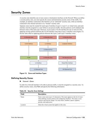 Security Zones



Security Zones
            A security zone identifies one or more source or destination interfaces on the firewall. When you define
            a security policy rule, you must specify the source and destination security zones of the traffic. For
            example, an interface connected to the Internet is in an “untrusted” security zone, while an interface
            connected to the internal network is in a “trusted” security zone.
            Separate zones must be created for each type of interface (Layer 2, Layer 3, or virtual wire), and each
            interface must be assigned to a zone before it can process traffic. Security policies can be defined only
            between zones of the same type. However, if you create a VLAN interface for one or more VLANs,
            applying security policies between the VLAN interface zone and a Layer 3 interface zone (Figure 13)
            has the same effect as applying policies between the Layer 2 and Layer 3 interface zones.




            Figure 13. Zone and Interface Types

Defining Security Zones
            Network > Zones

            In order for a firewall interface to be able to process traffic, it must be assigned to a security zone. To
            define security zones, click New and specify the following information.

            Table 52. Security Zone Settings
              Field                        Description
              Name                         Enter a zone name (up to 31 characters). This name appears in the list of zones
                                           when defining security policies and configuring interfaces. The name is case-
                                           sensitive and must be unique. Use only letters, numbers, spaces, hyphens,
                                           periods, and underscores.
              Location                     Select the virtual system that applies to this zone.




Palo Alto Networks                                                                                Network Configuration • 105
 
