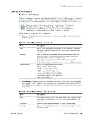Virtual Routers and Routing Protocols


Defining Virtual Routers
            Network > Virtual Routers

            Defining virtual routers allows you to set up forwarding rules for Layer 3 and enable the use of dynamic
            routing protocols. Each Layer 3 interface, loopback interface, and VLAN interface defined on the
            firewall should be associated with a virtual router. Each interface can belong to only one virtual router.

                             Note: To configure Ethernet ports as Layer 3 interfaces, refer to “Configuring
                             Layer 3 Interfaces” on page 91. To define Layer 3 subinterfaces, refer to
                             “Configuring Layer 3 Subinterfaces” on page 94. For an overview of virtual
                             routers, refer to “Virtual Routers and Routing Protocols” on page 107.

            Define settings on the specified tabs, as appropriate.
            •      General—Select the interfaces to include in the virtual router and add any static routes. Refer to
                   the following table.


            Table 54. Virtual Router Settings - General Tab
                Field                         Description
                Name                          Specify a name to describe the virtual router (up to 31 characters). The name is
                                              case-sensitive and must be unique. Use only letters, numbers, spaces, hyphens,
                                              and underscores.
                Interfaces                    Select the interfaces that you want to include in the virtual router. When you
                                              select an interface, it is included in the virtual router and can be used as an
                                              outgoing interface in the virtual router’s routing tab.
                                              To specify the interface type, refer to “Firewall Interfaces” on page 88.
                                              Note: When you add an interface, its connected routes are added automatically.
                Admin Distances               Specify the following administrative distances:
                                              • Static routes (10-240, default 10).
                                              • OSPF Internal (10-240, default 30).
                                              • OSPF External (10-240, default 110).
                                              • Internal BGP (IBGP) (10-240, default 200).
                                              • External BGP (EBGP) (10-240, default 20).
                                              • RIP (10-240, default 120).

            •      Static Routes—Optionally enter one or more static routes. Click the IP or IPv6 tab to specify the
                   route using IPv4 or IPv6 addresses. It is usually necessary to configure default routes (0.0.0.0/0)
                   here. Default routes are applied for destinations that are otherwise not found in the virtual router’s
                   routing table.


            Table 55. Virtual Router Settings - Static Routes Tab
                Field                         Description
                Name                          Enter a name to identify the static route (up to 31 characters). The name is case-
                                              sensitive and must be unique. Use only letters, numbers, spaces, hyphens, and
                                              underscores.
                Destination                   Enter an IP address and network mask in the format ip_address/mask.
                Interface                     Select the interface to forward packets to the destination, or configure the next
                                              hop settings, or both.



Palo Alto Networks                                                                               Network Configuration • 109
 