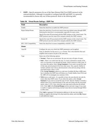 Virtual Routers and Routing Protocols


            •      OSPF—Specify parameters for use of the Open Shortest Path First (OSPF) protocol on the
                   selected interfaces. Although it is possible to configure both RIP and OSPF, it is generally
                   recommended to choose only one of these protocols. Refer to the following table.


            Table 58. Virtual Router Settings - OSPF Tab
                Field                      Description
                Enable                     Select the check box to enable the OSPF protocol.
                Reject Default Route       Select the check box if you do not want to learn any default routes through OSPF.
                                           Selecting the check box is recommended, especially for static routes.
                                           Specify the router ID associated with the OSPF instance in this virtual router. The
                                           OSPF protocol uses the router ID to uniquely identify the OSPF instance.
                Router ID                  Specify the router ID associated with the OSPF instance in this virtual router. The
                                           OSPF protocol uses the router ID to uniquely identify the OSPF instance.
                RFC 1583 Compatibility     Select the check box to assure compatibility with RFC 1583.

                Areas
                Area ID                    Configure the area over which the OSPF parameters can be applied.
                                           Enter an identifier for the area in x.x.x.x format. This is the identifier that each
                                           neighbor must accept to be part of the same area.
                Type                       Select one of the following options.
                                           • Normal—There are no restrictions; the area can carry all types of routes.
                                           • Stub—There is no outlet from the area. To reach a destination outside of the
                                             area, it is necessary to go through the border, which connects to other areas. If
                                             you select this option, select Accept Summary if you want to accept this type
                                             of link state advertisement (LSA) from other areas. Also, specify whether to
                                             include a default route LSA in advertisements to the stub area along with the
                                             associated metric value (1-255).
                                             If the Accept Summary option on a stub area Available Bit Rate (ABR) inter-
                                             face is disabled, the OSPF area will behave as a Totally Stubby Area (TSA) and
                                             the ABR will not propagate any summary LSAs.
                                           • NSSA (not so stub area)—It is possible to leave the area directly, but only by
                                             routes other than OSPF routes. If you select this option, select Accept
                                             Summary if you want to accept this type of LSA. Specify whether to include a
                                             default route LSA in advertisements to the stub area along with the associated
                                             metric value (1-255). Also, select the route type used to advertise the default
                                             LSA. Click Add in the External Ranges section and enter ranges if you want
                                             to enable or suppress advertising external routes that are learned through NSSA
                                             to other areas.
                Range                      Click Add to aggregate LSA destination addresses in the area into subnets.
                                           Enable or suppress advertising LSAs that match the subnet, and click OK. Repeat
                                           to add additional ranges.




Palo Alto Networks                                                                              Network Configuration • 113
 