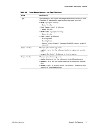 Virtual Routers and Routing Protocols


            Table 59. Virtual Router Settings - BGP Tab (Continued)
              Field                  Description
              Type                   Specify the type of peer or group and configure the associated settings (see below
                                     in this table for descriptions of Import Next Hop and Export Next Hop).
                                     • IBGP—Specify the following;
                                       – Export Next Hop
                                     • EBGP Confed—Specify the following;
                                       – Export Next Hop
                                     • IBGP Confed—Specify the following;
                                       – Export Next Hop
                                     • EBGP—Specify the following:
                                       – Next Hop Import
                                       – Next Hop Export.
                                       – Remove Private AS (select if you want to force BGP to remove private AS
                                         numbers).
              Import Next Hop        Choose an option for next hop import:
                                     • original—Use the Next Hop address provided in the original route advertise-
                                       ment.
                                     • use-peer—Use the peer's IP address as the Next Hop address.
              Export Next Hop        Choose an option for next hop export:
                                     • resolve—Resolve the Next Hop address using the local forwarding table.
                                     • original—Use the Next Hop address provided in the original route advertise-
                                       ment.
                                     • use-self—Replace the Next Hop address with this router's IP address to ensure
                                       that it will be in the forwarding path.




Palo Alto Networks                                                                      Network Configuration • 117
 