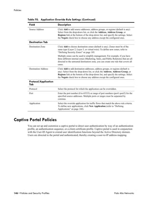 Policies


              Table 70. Application Override Rule Settings (Continued)
               Field                        Description
               Source Address               Click Add to add source addresses, address groups, or regions (default is any).
                                            Select from the drop-down list, or click the Address, Address Group, or
                                            Regions link at the bottom of the drop-down list, and specify the settings. Select
                                            the Negate check box to choose any address except the configured ones.
               Destination Tab
               Destination Zone             Click Add to choose destination zones (default is any). Zones must be of the
                                            same type (Layer 2, Layer 3, or virtual wire). To define new zones, refer to
                                            “Defining Security Zones” on page 105.
                                            Multiple zones can be used to simplify management. For example, if you have
                                            three different internal zones (Marketing, Sales, and Public Relations) that are all
                                            directed to the untrusted destination zone, you can create one rule that covers all
                                            cases.
               Destination Address          Click Add to add destination addresses, address groups, or regions (default is
                                            any). Select from the drop-down list, or click the Address, Address Group, or
                                            Regions link at the bottom of the drop-down list, and specify the settings. Select
                                            the Negate check box to choose any address except the configured ones.
               Protocol/Application
               Tab
               Protocol                     Select the protocol for which the application can be overridden.
               Port                         Enter the port number (0 to 65535) or range of port numbers (port1-port2) for the
                                            specified source addresses. Multiple ports or ranges must be separated by
                                            commas.
               Application                  Select the override application for traffic flows that match the above rule criteria.
                                            To define new applications, click New Application (refer to “Defining
                                            Applications” on page 168).



Captive Portal Policies
              You can set up and customize a captive portal to direct user authentication by way of an authentication
              profile, an authentication sequence, or a client certificate profile. Captive portal is used in conjunction
              with the User-ID Agent to extend user identification functions beyond the Active Directory domain.
              Users are directed to the portal and authenticated, thereby creating a user-to-IP address mapping.




146 • Policies and Security Profiles                                                                        Palo Alto Networks
 