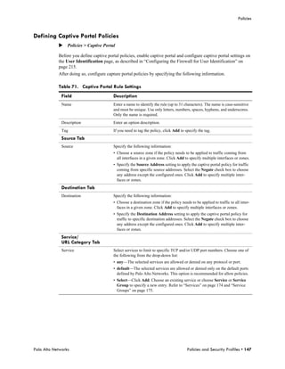 Policies


Defining Captive Portal Policies
            Policies > Captive Portal

            Before you define captive portal policies, enable captive portal and configure captive portal settings on
            the User Identification page, as described in “Configuring the Firewall for User Identification” on
            page 215.
            After doing so, configure capture portal policies by specifying the following information.

            Table 71. Captive Portal Rule Settings
              Field                       Description
              Name                        Enter a name to identify the rule (up to 31 characters). The name is case-sensitive
                                          and must be unique. Use only letters, numbers, spaces, hyphens, and underscores.
                                          Only the name is required.
              Description                Enter an option description.
              Tag                         If you need to tag the policy, click Add to specify the tag.
              Source Tab
              Source                      Specify the following information:
                                          • Choose a source zone if the policy needs to be applied to traffic coming from
                                            all interfaces in a given zone. Click Add to specify multiple interfaces or zones.
                                          • Specify the Source Address setting to apply the captive portal policy for traffic
                                            coming from specific source addresses. Select the Negate check box to choose
                                            any address except the configured ones. Click Add to specify multiple inter-
                                            faces or zones.
              Destination Tab
              Destination                 Specify the following information:
                                          • Choose a destination zone if the policy needs to be applied to traffic to all inter-
                                            faces in a given zone. Click Add to specify multiple interfaces or zones.
                                          • Specify the Destination Address setting to apply the captive portal policy for
                                            traffic to specific destination addresses. Select the Negate check box to choose
                                            any address except the configured ones. Click Add to specify multiple inter-
                                            faces or zones.
              Service/
              URL Category Tab
              Service                     Select services to limit to specific TCP and/or UDP port numbers. Choose one of
                                          the following from the drop-down list:
                                          • any—The selected services are allowed or denied on any protocol or port.
                                          • default—The selected services are allowed or denied only on the default ports
                                            defined by Palo Alto Networks. This option is recommended for allow policies.
                                          • Select—Click Add. Choose an existing service or choose Service or Service
                                            Group to specify a new entry. Refer to “Services” on page 174 and “Service
                                            Groups” on page 175.




Palo Alto Networks                                                                      Policies and Security Profiles • 147
 