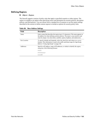 Other Policy Objects


Defining Regions
            Objects > Regions

            The firewall supports creation of policy rules that apply to specified countries or other regions. The
            region is available as an option when specifying source and destination for security policies, decryption
            policies, and DoS policies. You can choose from a standard list of countries or use the region settings
            described in this section to define custom regions to include as options for security policy rules.

            Table 84. New Address Settings
              Field                       Description
              Name                       Enter a name that describes the region (up to 31 characters). This name appears in
                                         the address list when defining security policies. The name is case-sensitive and
                                         must be unique. Use only letters, numbers, spaces, hyphens, and underscores.
              Geo Location               To specify latitude and longitude, select the check box and values (xxx.xxxxxx
                                         format). This information is used in the traffic and threat maps for App-Scope.
                                         Refer to “Using App-Scope” on page 188.
              Addresses                  Specify an IP address, range of IP addresses, or subnet to identify the region,
                                         using any of the following formats:
                                         x.x.x.x
                                         x.x.x.x-y.y.y.y
                                         x.x.x.x/n




Palo Alto Networks                                                                    Policies and Security Profiles • 165
 