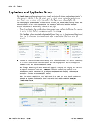 Other Policy Objects



Applications and Application Groups
              The Applications page lists various attributes of each application definition, such as the application’s
              relative security risk (1 to 5). The risk value is based on criteria such as whether the application can
              share files, is prone to misuse, or tries to evade firewalls. Higher values indicate higher risk.
              The top application browser area of the page lists the attributes that you can use to filter the display. The
              number to the left of each entry represents the total number of applications with that attribute.
              You can perform any of the following functions on this page:
              •    To apply application filters, click an item that you want to use as a basis for filtering. For example,
                   to restrict the list to the Networking category, click Networking.

                   The Attribute column is redisplayed with a highlighted check box for the column and the selected
                   item. Use the column and item check boxes to select or deselect individual items or the full
                   column.




              •    To filter on additional columns, select an entry in the columns to display check boxes. The filtering
                   is successive: first category filters are applied, then sub category filters, then technology filters,
                   then risk, filters, and finally characteristic filters.

                   For example, the next figure shows the result of applying a category, sub category, and risk filter.
                   In applying the first two filters, the Technology column is automatically restricted to the
                   technologies that are consistent with the selected category and sub category, even though a
                   technology filter has not been explicitly applied.

                   Each time a filter is applied, the list of applications in the lower part of the page is automatically
                   updated, as shown in the following figure. Any saved filters can be viewed in Objects >
                   Application Filters.




166 • Policies and Security Profiles                                                                   Palo Alto Networks
 
