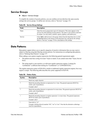 Other Policy Objects



Service Groups
            Objects > Services Groups

            To simplify the creation of security policies, you can combine services that have the same security
            settings into service groups. To define new services, refer to “Services” on page 174.

            Table 89. Service Group Settings
                Field                         Description
                Name                          Enter the service group name (up to 63 characters). This name appears in the
                                              services list when defining security policies. The name is case-sensitive and must
                                              be unique. Use only letters, numbers, spaces, hyphens, and underscores.
                Service                       Click Add to add services to the group. Select from the drop-down list, or click
                                              the Service button at the bottom of the drop-down list, and specify the settings.
                                              Refer to “Services” on page 174 for a description of the settings.



Data Patterns
            Data pattern support allows you to specify categories of sensitive information that you may want to
            subject to filtering using data filtering security policies. For instructions on configuring data patterns,
            refer to “Defining Data Patterns” on page 177.
            When adding a new pattern (regular expression), the following general requirements apply:
            •       The pattern must have string of at least 7 bytes to match. It can contain more than 7 bytes, but not
                    fewer.

            •       The string match is case-sensitive, as with most regular expression engines. Looking for
                    “confidential” is different than looking for “Confidential” or “CONFIDENTIAL.”

            The regular expression syntax in PAN-OS is similar to traditional regular expression engines, but every
            engine is unique. The following table describes the syntax supported in PAN-OS.

            Table 90. Pattern Rules
                Syntax         Description
                .              Match any single character.
                ?              Match the preceding character or expression 0 or 1 time. The general expression MUST be
                               inside a pair of parentheses.
                               Example: (abc)?
                *              Match the preceding character or expression 0 or more times. The general expression MUST be
                               inside a pair of parentheses.
                               Example: (abc)*
                +              Match the preceding character or regular expression 1 or more times. The general expression
                               MUST be inside a pair of parentheses.
                               Example: (abc)+
                |              Equivalent to “or”.
                               Example: ((bif)|(scr)|(exe)) matches “bif”, “scr” or “exe”. Note that the alternative substrings
                               must be in parentheses.




Palo Alto Networks                                                                         Policies and Security Profiles • 175
 