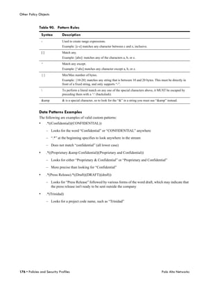 Other Policy Objects


              Table 90. Pattern Rules
                  Syntax         Description
                  -              Used to create range expressions.
                                 Example: [c-z] matches any character between c and z, inclusive.
                  []             Match any.
                                 Example: [abz]: matches any of the characters a, b, or z.
                  ^              Match any except.
                                 Example: [^abz] matches any character except a, b, or z.
                  {}             Min/Max number of bytes.
                                 Example: {10-20} matches any string that is between 10 and 20 bytes. This must be directly in
                                 front of a fixed string, and only supports “-”.
                                To perform a literal match on any one of the special characters above, it MUST be escaped by
                                 preceding them with a ‘’ (backslash).
                  &amp           & is a special character, so to look for the “&” in a string you must use “&amp” instead.


              Data Patterns Examples
              The following are examples of valid custom patterns:
              •        .*((Confidential)|(CONFIDENTIAL))

                       – Looks for the word “Confidential” or “CONFIDENTIAL” anywhere

                       – “.*” at the beginning specifies to look anywhere in the stream

                       – Does not match “confidential” (all lower case)

              •        .*((Proprietary &amp Confidential)|(Proprietary and Confidential))

                       – Looks for either “Proprietary & Confidential” or “Proprietary and Confidential”

                       – More precise than looking for “Confidential”

              •        .*(Press Release).*((Draft)|(DRAFT)|(draft))

                       – Looks for “Press Release” followed by various forms of the word draft, which may indicate that
                         the press release isn't ready to be sent outside the company

              •        .*(Trinidad)

                       – Looks for a project code name, such as “Trinidad”




176 • Policies and Security Profiles                                                                         Palo Alto Networks
 