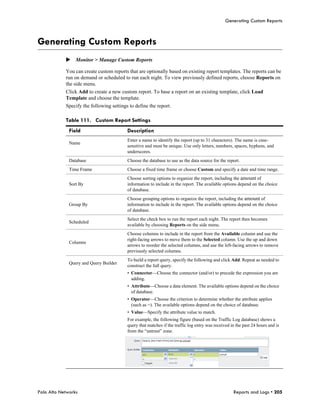 Generating Custom Reports



Generating Custom Reports
            Monitor > Manage Custom Reports

            You can create custom reports that are optionally based on existing report templates. The reports can be
            run on demand or scheduled to run each night. To view previously defined reports, choose Reports on
            the side menu.
            Click Add to create a new custom report. To base a report on an existing template, click Load
            Template and choose the template.
            Specify the following settings to define the report.

            Table 111. Custom Report Settings
              Field                       Description
                                          Enter a name to identify the report (up to 31 characters). The name is case-
              Name
                                          sensitive and must be unique. Use only letters, numbers, spaces, hyphens, and
                                          underscores.
              Database                    Choose the database to use as the data source for the report.
              Time Frame                  Choose a fixed time frame or choose Custom and specify a date and time range.
                                          Choose sorting options to organize the report, including the amount of
              Sort By                     information to include in the report. The available options depend on the choice
                                          of database.
                                          Choose grouping options to organize the report, including the amount of
              Group By                    information to include in the report. The available options depend on the choice
                                          of database.
                                          Select the check box to run the report each night. The report then becomes
              Scheduled
                                          available by choosing Reports on the side menu.
                                          Choose columns to include in the report from the Available column and use the
                                          right-facing arrows to move them to the Selected column. Use the up and down
              Columns
                                          arrows to reorder the selected columns, and use the left-facing arrows to remove
                                          previously selected columns.
                                          To build a report query, specify the following and click Add. Repeat as needed to
              Query and Query Builder
                                          construct the full query.
                                          • Connector—Choose the connector (and/or) to precede the expression you are
                                            adding.
                                          • Attribute—Choose a data element. The available options depend on the choice
                                            of database.
                                          • Operator—Choose the criterion to determine whether the attribute applies
                                            (such as =). The available options depend on the choice of database.
                                          • Value—Specify the attribute value to match.
                                          For example, the following figure (based on the Traffic Log database) shows a
                                          query that matches if the traffic log entry was received in the past 24 hours and is
                                          from the “untrust” zone.




Palo Alto Networks                                                                                  Reports and Logs • 205
 