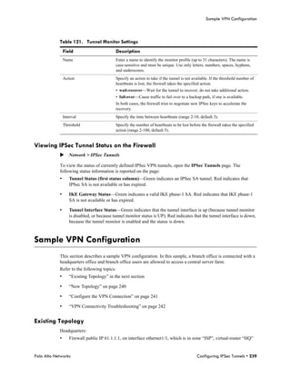 Sample VPN Configuration



            Table 121. Tunnel Monitor Settings
                Field                       Description
                Name                        Enter a name to identify the monitor profile (up to 31 characters). The name is
                                            case-sensitive and must be unique. Use only letters, numbers, spaces, hyphens,
                                            and underscores.
                Action                      Specify an action to take if the tunnel is not available. If the threshold number of
                                            heartbeats is lost, the firewall takes the specified action.
                                            • wait-recover—Wait for the tunnel to recover; do not take additional action.
                                            • fail-over—Cause traffic to fail over to a backup path, if one is available.
                                            In both cases, the firewall tries to negotiate new IPSec keys to accelerate the
                                            recovery.
                Interval                    Specify the time between heartbeats (range 2-10, default 3).
                Threshold                   Specify the number of heartbeats to be lost before the firewall takes the specified
                                            action (range 2-100, default 5).


Viewing IPSec Tunnel Status on the Firewall
            Network > IPSec Tunnels

            To view the status of currently defined IPSec VPN tunnels, open the IPSec Tunnels page. The
            following status information is reported on the page:
            •      Tunnel Status (first status column)—Green indicates an IPSec SA tunnel. Red indicates that
                   IPSec SA is not available or has expired.

            •      IKE Gateway Status—Green indicates a valid IKE phase-1 SA. Red indicates that IKE phase-1
                   SA is not available or has expired.

            •      Tunnel Interface Status—Green indicates that the tunnel interface is up (because tunnel monitor
                   is disabled, or because tunnel monitor status is UP). Red indicates that the tunnel interface is down,
                   because the tunnel monitor is enabled and the status is down.



Sample VPN Configuration
            This section describes a sample VPN configuration. In this sample, a branch office is connected with a
            headquarters office and branch office users are allowed to access a central server farm.
            Refer to the following topics:
            •      “Existing Topology” in the next section

            •      “New Topology” on page 240

            •      “Configure the VPN Connection” on page 241

            •      “VPN Connectivity Troubleshooting” on page 242


Existing Topology
            Headquarters:
            •      Firewall public IP 61.1.1.1, on interface ethernet1/1, which is in zone “ISP”, virtual-router “HQ”


Palo Alto Networks                                                                           Configuring IPSec Tunnels • 239
 