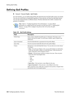 Defining QoS Profiles



Defining QoS Profiles
             Network > Network Profiles > QoS Profiles

             For each interface, you can define QoS profiles that determine how the QoS traffic classes are treated.
             You can set overall limits on bandwidth regardless of class and also set limits for individual classes.
             You can also assign priorities to different classes. Priorities determine how traffic is treated in the
             presence of contention.

                        Note: Refer to “Configuring QoS for Firewall Interfaces” on page 260 for
                        information on configuring firewall interfaces for QoS and refer to “Defining QoS
                        Policies” on page 263 to configure the policies that will activate the QoS
                        restrictions.


             Table 127. QoS Profile Settings
              Field                       Description
              Profile Name                Enter a name to identify the profile (up to 31 characters). The name is case-
                                          sensitive and must be unique. Use only letters, numbers, spaces, hyphens, and
                                          underscores.
              Egress Guaranteed           Enter the bandwidth that is guaranteed for this profile (Mbps).
              Egress Max                  Enter the maximum bandwidth allowed for this profile (Mbps).
              Classes                     Specify how to treat individual QoS classes. You can select one or more classes
                                          to configure:
                                          • Class—If you do not configure a class, you can still include it in a QoS policy.
                                            In this case, the traffic is subject to overall QoS limits. Traffic that does not
                                            match a QoS policy will be assigned to class 4.
                                          • Priority—Click and select a priority to assign to this class. These are priori-
                                            tized in the order listed (highest first):
                                            – Real-time
                                            – High
                                            – Medium
                                            – Low
                                          • Egress Max—Click and enter a value (Mbps) for this class.
                                          • Egress Guaranteed—Click and enter a value (Mbps) for this class.
                                          When contention occurs, traffic that is assigned a lower priority is dropped. Real-
                                          time priority uses its own separate queue.




262 • Configuring Quality of Service                                                                     Palo Alto Networks
 