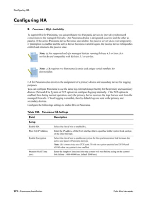 Configuring HA



Configuring HA
             Panorama > High Availability

             To support HA for Panorama, you can configure two Panorama devices to provide synchronized
             connections to the managed firewalls. One Panorama device is designated as active and the other as
             passive. If the active Panorama device becomes unavailable, the passive server takes over temporarily.
             If preemption is enabled and the active device becomes available again, the passive device relinquishes
             control and returns to the passive state.

                          Note: HA is supported only for managed devices running Release 4.0 or later. It is
                          not backward compatible with Release 3.1 or earlier.



                          Note: HA requires two Panorama licenses and unique serial numbers for
                          functionality.



             HA for Panorama also involves the assignment of a primary device and secondary device for logging
             purposes.
             You can configure Panorama to use the same log external storage facility for the primary and secondary
             devices (Network File System or NFS option) or configure logging internally. If the NFS option is
             enabled, then during normal operations only the primary device receives the logs that are sent from the
             managed firewalls. If local logging is enabled, then by default logs are sent to the primary and
             secondary devices.
             Configure the followings settings to enable HA on Panorama.

             Table 130. Panorama HA Settings
              Field                     Description
              Setup
              Enable HA                 Select the check box to enable HA.
              Peer HA IP Address        Enter the IP address of the HA1 interface that is specified in the Control Link section
                                        of the other firewall.
              Enable Encryption         Select the check box to enable encryption for the synchronization link between the
                                        active and passive Panorama devices.
                                        Note: HA connectivity uses TCP port 28 with encryption enabled and 28769 and
                                        49160 when encryption is not enabled.
              Monitor Hold Time         Enter the length of time (ms) that the system will wait before acting on the control
              (ms)                      link failure (1000-60000 ms, default 3000 ms).




272 • Panorama Installation                                                                               Palo Alto Networks
 