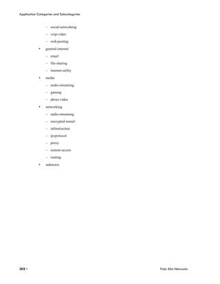 Application Categories and Subcategories


                 – social-networking

                 – voip-video

                 – web-posting

            •    general-internet

                 – email

                 – file-sharing

                 – internet-utility

            •    media

                 – audio-streaming

                 – gaming

                 – photo-video

            •    networking

                 – audio-streaming

                 – encrypted-tunnel

                 – infrastructure

                 – ip-protocol

                 – proxy

                 – remote-access

                 – routing

            •    unknown




302 •                                      Palo Alto Networks
 