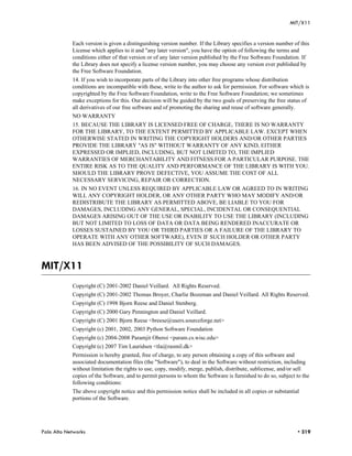 MIT/X11


            Each version is given a distinguishing version number. If the Library specifies a version number of this
            License which applies to it and "any later version", you have the option of following the terms and
            conditions either of that version or of any later version published by the Free Software Foundation. If
            the Library does not specify a license version number, you may choose any version ever published by
            the Free Software Foundation.
            14. If you wish to incorporate parts of the Library into other free programs whose distribution
            conditions are incompatible with these, write to the author to ask for permission. For software which is
            copyrighted by the Free Software Foundation, write to the Free Software Foundation; we sometimes
            make exceptions for this. Our decision will be guided by the two goals of preserving the free status of
            all derivatives of our free software and of promoting the sharing and reuse of software generally.
            NO WARRANTY
            15. BECAUSE THE LIBRARY IS LICENSED FREE OF CHARGE, THERE IS NO WARRANTY
            FOR THE LIBRARY, TO THE EXTENT PERMITTED BY APPLICABLE LAW. EXCEPT WHEN
            OTHERWISE STATED IN WRITING THE COPYRIGHT HOLDERS AND/OR OTHER PARTIES
            PROVIDE THE LIBRARY "AS IS" WITHOUT WARRANTY OF ANY KIND, EITHER
            EXPRESSED OR IMPLIED, INCLUDING, BUT NOT LIMITED TO, THE IMPLIED
            WARRANTIES OF MERCHANTABILITY AND FITNESS FOR A PARTICULAR PURPOSE. THE
            ENTIRE RISK AS TO THE QUALITY AND PERFORMANCE OF THE LIBRARY IS WITH YOU.
            SHOULD THE LIBRARY PROVE DEFECTIVE, YOU ASSUME THE COST OF ALL
            NECESSARY SERVICING, REPAIR OR CORRECTION.
            16. IN NO EVENT UNLESS REQUIRED BY APPLICABLE LAW OR AGREED TO IN WRITING
            WILL ANY COPYRIGHT HOLDER, OR ANY OTHER PARTY WHO MAY MODIFY AND/OR
            REDISTRIBUTE THE LIBRARY AS PERMITTED ABOVE, BE LIABLE TO YOU FOR
            DAMAGES, INCLUDING ANY GENERAL, SPECIAL, INCIDENTAL OR CONSEQUENTIAL
            DAMAGES ARISING OUT OF THE USE OR INABILITY TO USE THE LIBRARY (INCLUDING
            BUT NOT LIMITED TO LOSS OF DATA OR DATA BEING RENDERED INACCURATE OR
            LOSSES SUSTAINED BY YOU OR THIRD PARTIES OR A FAILURE OF THE LIBRARY TO
            OPERATE WITH ANY OTHER SOFTWARE), EVEN IF SUCH HOLDER OR OTHER PARTY
            HAS BEEN ADVISED OF THE POSSIBILITY OF SUCH DAMAGES.



MIT/X11
            Copyright (C) 2001-2002 Daniel Veillard. All Rights Reserved.
            Copyright (C) 2001-2002 Thomas Broyer, Charlie Bozeman and Daniel Veillard. All Rights Reserved.
            Copyright (C) 1998 Bjorn Reese and Daniel Stenberg.
            Copyright (C) 2000 Gary Pennington and Daniel Veillard.
            Copyright (C) 2001 Bjorn Reese <breese@users.sourceforge.net>
            Copyright (c) 2001, 2002, 2003 Python Software Foundation
            Copyright (c) 2004-2008 Paramjit Oberoi <param.cs.wisc.edu>
            Copyright (c) 2007 Tim Lauridsen <tla@rasmil.dk>
            Permission is hereby granted, free of charge, to any person obtaining a copy of this software and
            associated documentation files (the "Software"), to deal in the Software without restriction, including
            without limitation the rights to use, copy, modify, merge, publish, distribute, sublicense, and/or sell
            copies of the Software, and to permit persons to whom the Software is furnished to do so, subject to the
            following conditions:
            The above copyright notice and this permission notice shall be included in all copies or substantial
            portions of the Software.




Palo Alto Networks                                                                                             • 319
 