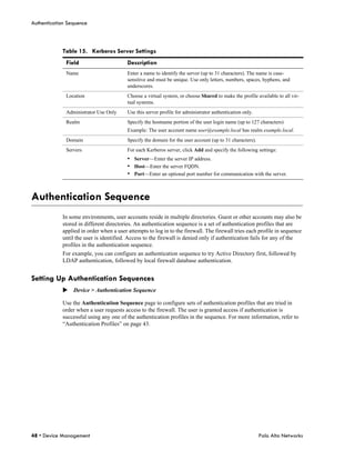 Authentication Sequence



            Table 15. Kerberos Server Settings
              Field                      Description
              Name                       Enter a name to identify the server (up to 31 characters). The name is case-
                                         sensitive and must be unique. Use only letters, numbers, spaces, hyphens, and
                                         underscores.
              Location                   Choose a virtual system, or choose Shared to make the profile available to all vir-
                                         tual systems.
              Administrator Use Only     Use this server profile for administrator authentication only.
              Realm                      Specify the hostname portion of the user login name (up to 127 characters)
                                         Example: The user account name user@example.local has realm example.local.
              Domain                     Specify the domain for the user account (up to 31 characters).
              Servers                    For each Kerberos server, click Add and specify the following settings:
                                         • Server—Enter the server IP address.
                                         • Host—Enter the server FQDN.
                                         • Port—Enter an optional port number for communication with the server.


Authentication Sequence
            In some environments, user accounts reside in multiple directories. Guest or other accounts may also be
            stored in different directories. An authentication sequence is a set of authentication profiles that are
            applied in order when a user attempts to log in to the firewall. The firewall tries each profile in sequence
            until the user is identified. Access to the firewall is denied only if authentication fails for any of the
            profiles in the authentication sequence.
            For example, you can configure an authentication sequence to try Active Directory first, followed by
            LDAP authentication, followed by local firewall database authentication.


Setting Up Authentication Sequences
            Device > Authentication Sequence

            Use the Authentication Sequence page to configure sets of authentication profiles that are tried in
            order when a user requests access to the firewall. The user is granted access if authentication is
            successful using any one of the authentication profiles in the sequence. For more information, refer to
            “Authentication Profiles” on page 43.




48 • Device Management                                                                                    Palo Alto Networks
 