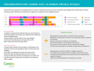 ORGANISATION D’UNE JOURNEE AVEC LA MOBILITE VIRTUELLE ACTUELLE

Aujourd’hui les personnes travaillant dans le secteur tertiaire peuvent avec les nouvelles technologies de l'information et de la
communication (NTIC) et au télétravail, organiser et optimiser leurs déplacements.


  Père                                                                                                                       Temps de transports               Temps libre
  Fils                                                                                                                       Courses/ administration           Baby-sitter

  Fille                                                                                                                      Temps de travail                  Repas

  Mère                                                                                                                       Temps de travail "partagé"        Repas "partagé"
          08h   09h   10h   11h   12h   13h   14h   15h   16h   17h   18h   19h   20h   21h    22h   23h   24h




Mr Damien Rose
«J’organise ma journée de travail de chez moi, avec internet et                                                  Atouts et limites
mon pda je planiﬁe mes rendez-vous, j’eﬀectue des conférences
vidéos et téléphoniques.                                                                      Optimisation du temps grâce à la disparition des transports.
Je peux prendre le temps d’aller à mon repas d’aﬀaire.                                        Répartition du temps plus orienté sur les activités de plaisir et créatives
Comme je ﬁnis plutôt je peux m’occuper de mon ﬁls.                                            de richesses.
Nous n’avons plus besoin de baby-sitter.»                                                     Baisse du stress lié au travail et aux transports.
                                                                                              Economie d’énergie sur les transports et les locaux.
                                                                                              Evite certains maux et laisions dû aux transports de charges.
Mme Florence Rose                                                                             Les Rose économise grâce à la mobilité virtuelle près de 3 000 euros.
«Je peux rester travailler chez moi grâce au télétravail et une
connexion internet avec laquelle je reste en contact avec mes
collègues.                                                                                    Désocialisation, perte de la relation “collègue de bureau.”
Je suis libre de m’absenter pour faire les courses et les                                     La frontière entre la sphère privé et la sphère travail est plus ﬂoue.
démarches administratives pendant les heures creuses.                                         L’investissement préliminaire est important avec une obsolenscence
Je peux accorder plus de temps à Camille pour ses devoirs du                                  rapide du matériel.
soir. Nous pouvons manger tous ensemble le soir avant que                                     L’absence d’activité physique est nuisible pour la santé.
j’aille au yoga.»




                                                                                                                     Pierre-Antoine Benoist - www.pierantoine.com
 