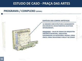 10
PROGRAMA / COMPLEXO (GERAL)
ESTUDO DE CASO - PRAÇA DAS ARTES
12 ANDARES COM ESTRUTURA E ACABAMENTO
EM CONCRETO E REVESTIMENTOS ACÚSTICOS
INTERNAMENTE.
PROGRAMA – SALAS DE ENSAIO DA ORQUESTRA
SINFÔNICA MUNICIPAL, ORQUESTRA
EXPERIMENTAL DE REPERTÓRIO, ÓPERAS, CORAL
LÍRICO, CORAL PAULISTANO E BALLET DA CIDADE.
EDIFÍCIOS DOS CORPOS ARTÍSTICOS
 