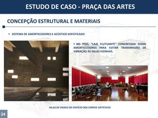 CONCEPÇÃO ESTRUTURAL E MATERIAIS
 NO PISO, “LAJE FLUTUANTE” CONCRETADA SOBRE
AMORTECEDORES PARA EVITAR TRANSMISSÃO DE
VIBRAÇÃO ÀS SALAS VIZINHAS.
 SISTEMA DE AMORTECEDORES E ACÚSTICO SOFISTICADO
ESTUDO DE CASO - PRAÇA DAS ARTES
24
SALAS DE ENSAIO DO EDIFÍCIO DOS CORPOS ARTÍSTICOS
 