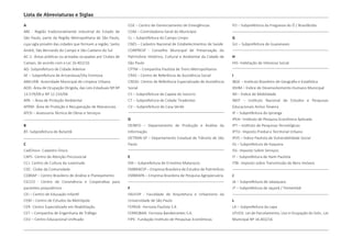 Lista de Abreviaturas e Siglas
A
ABC - Região tradicionalmente industrial do Estado de
São Paulo, parte da Região Metropolitana de São Paulo,
cuja sigla provém das cidades que formam a região: Santo
André, São Bernardo do Campo e São Caetano do Sul
AC-2- Áreas públicas ou privadas ocupadas por Clubes de
Campo, de acordo com a Lei 16.402/16
AD- Subprefeitura de Cidade Ademar
AF – Subprefeitura de Aricanduva/Vila Formosa
AMLURB- Autoridade Municipal de Limpeza Urbana
AOD- Área de Ocupação Dirigida, das Leis Estaduais Nº Nº
13.579/09 e Nº 12.233/06
APA – Área de Proteção Ambiental
APRM- Área de Proteção e Recuperação de Mananciais
ATOS – Assessoria Técnica de Obras e Serviços
B
BT- Subprefeitura do Butantã
C
CadÚnico- Cadastro Único
CAPS- Centro de Atenção Psicossocial
CCJ- Centro de Cultura da Juventude
CDC- Clube da Comunidade
CEBRAP – Centro Brasileiro de Análise e Planejamento
CECCO - Centro de Convivência e Cooperativa para
pacientes psiquiátricos
CEI – Centro de Educação Infantil
CEM – Centro de Estudos da Metrópole
CER- Centro Especializado em Reabilitação
CET – Companhia de Engenharia de Tráfego
CEU – Centro Educacional Unificado
CGE – Centro de Gerenciamento de Emergências
CGM – Controladoria Geral do Município
CL – Subprefeitura do Campo Limpo
CNES – Cadastro Nacional de Estabelecimentos de Saúde
CONPRESP - Conselho Municipal de Preservação do
Patrimônio Histórico, Cultural e Ambiental da Cidade de
São Paulo
CPTM – Companhia Paulista de Trens Metropolitanos
CRAS – Centro de Referência de Assistência Social
CREAS- Centro de Referência Especializado de Assistência
Social
CS – Subprefeitura de Capela do Socorro
CT – Subprefeitura de Cidade Tiradentes
CV – Subprefeitura de Casa Verde
D
DEINFO – Departamento de Produção e Análise da
Informação
DETRAN-SP – Departamento Estadual de Trânsito de São
Paulo
E
EM – Subprefeitura de Ermelino Matarazzo
EMBRAESP – Empresa Brasileira de Estudos de Patrimônio
EMBRAPA – Empresa Brasileira de Pesquisa Agropecuária
F
FAUUSP - Faculdade de Arquitetura e Urbanismo da
Universidade de São Paulo
FEPASA- Ferrovia Paulista S.A
FERROBAN- Ferrovia Bandeirantes S.A.
FIPE- Fundação Instituto de Pesquisas Econômicas
FO – Subprefeitura da Freguesia do Ó / Brasilândia
G
GU – Subprefeitura de Guaianases
H
HIS- Habitação de Interesse Social
I
IBGE – Instituto Brasileiro de Geografia e Estatística
IDHM – Índice de Desenvolvimento Humano Municipal
IM – Índice de Mobilidade
INEP – Instituto Nacional de Estudos e Pesquisas
Educacionais Anísio Teixeira
IP – Subprefeitura do Ipiranga
IPEA– Instituto de Pesquisa Econômica Aplicada
IPT – Instituto de Pesquisas Tecnológicas
IPTU- Imposto Predial e Territorial Urbano
IPVS – Índice Paulista de Vulnerabilidade Social
IQ – Subprefeitura de Itaquera
ISS- Imposto Sobre Serviços
IT – Subprefeitura de Itaim Paulista
ITBI- Imposto sobre Transmissão de Bens Imóveis
J
JA – Subprefeitura de Jabaquara
JT – Subprefeitura de Jaçanã / Tremembé
L
LA – Subprefeitura da Lapa
LPUOS- Lei de Parcelamento, Uso e Ocupação do Solo , Lei
Municipal Nº 16.402/16
 