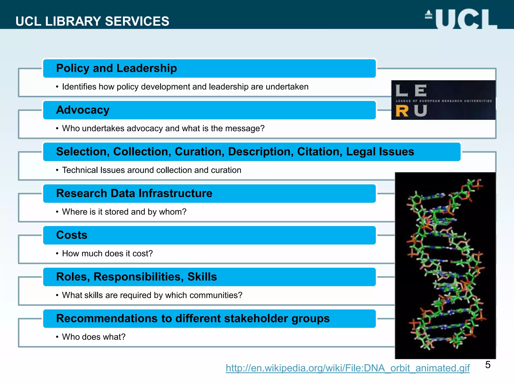 UCL LIBRARY SERVICES
• Identifies how policy development and leadership are undertaken
Policy and Leadership
• Who undertakes advocacy and what is the message?
Advocacy
• Technical Issues around collection and curation
Selection, Collection, Curation, Description, Citation, Legal Issues
• Where is it stored and by whom?
Research Data Infrastructure
• How much does it cost?
Costs
• What skills are required by which communities?
Roles, Responsibilities, Skills
• Who does what?
Recommendations to different stakeholder groups
5http://en.wikipedia.org/wiki/File:DNA_orbit_animated.gif
 