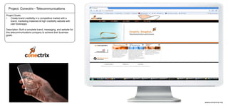 Project: Conectrix - Telecommunications
Project Goals:
•
Create brand credibility in a competitive market with a
brand, marketing materials & high credibility website with
user tools/apps. .
Description: Built a complete brand, messaging, and website for
this telecommunications company to achieve their business
goals.

www.conectrix.net

 