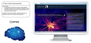 Project: Cortex Pharmaceuticals
Project Goals:
•
A cutting edge neuroscience company needed effective
messaging, standout brand, materials and website to tell its
story, keep investors informed and build awareness in the
medical and investor spaces.
Description: Built a brand identity, marketing materials and
website to achieve this company’s business goals.

 