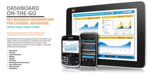 DASHBOARD
ON-THE-GO
KEY BUSINESS INFORMATION
FOR LEADERS. ANYWHERE.
LAPTOP, TABLET, SMART PHONE.
THE CRITICAL BUSINESS METRICS YOU WANT ANY TIME.
RECOMMENDING SPECIFIC ACTIONS AND STRATEGIES.
Wireless information technology presenting real time data on your
laptop, tablet or phone allows you to determine and monitor key
performance factors and variables for your business as they
happen, allowing you to make correctional changes – and monitor
performance from anywhere.

+
+
+
+
+
+
+
+
+
+

Operational
Financial
Costs & Materials
Staffing
Logistics
Cash Flow
Marketing & Lead Generation
Sales Performance
Manufacturing
Profitability

 
