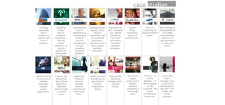 case studies

Creating
rapid data
flow &
visibility to
support new
lines of
business.

Speeding
traffic
flow, &
database
integration, r
educing
carbon
emissions, sa
ving the
planet one
intersection
at a time.

Lowering the
cost of
healthcare by
transforming
medical
practice
management
through
complete
marketing
solutions.

Developing new
brands, active
channel
marketing, and
an integrated
eCommerce
solution for the
USA’s largest
perfume
distributor

Apartment for
rent. Available
now. Mobile
marketing
“real time”
apartments
available
database
campaigns.

Fashion
Flows.
Inventory &
control at
point-of-sale.

Thin is in.
We developed a
Launching the
new generation
world’s thinnest
of in-flight
phone.
entertainment
systems on a
new generation
of super-jetliners.

LIVE BEAUTIFULLY™

Brand-building
at the world’s
leading
helicopter
logistics
support
organization.

A better user
experience
and a better
brand for a
$36billion
market leader
in student
loans.

Supporting
financial
services
through
systems
integration &
information
flow.

Pamper yourself
through luxury
spa products
brand &
eCommerce
online.

Multi-health
marketing
through multichannel
brands.

The world’s
largest
American Art
Museum
needed a
marketing &
technology
hand.

30 hours. 16
venues
globally. 3.5
billion people
in 180
countries. The
largest
humanitarian
event ever.

Luxury Real
Estate.
Strategy, bran
d, web 2.0 &
advertising for
the USA’s 10th
largest real
estate
company.

 