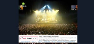 clean.

Project: 38 Venues throughout the United States.
Live Nation Entertainment (NYSE:LYV) is the largest live entertainment company in the world:
connecting 200 million fans to 100,000 events in over 40 countries.
ENERGY CONSULTANT | SOLAR PV

Clean is Live Nation’s New Energy Consultant, commencing with the Filmore in San Francisco.
| FUEL CELL | MICROTURBINE | BIO GAS | POWER MANAGEMENT | CONSTRUCTION

 