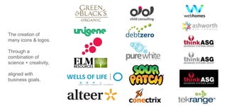 The creation of
many icons & logos.
Through a
combination of
science + creativity,
aligned with
business goals.

 