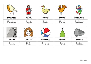 CEE A BARCIA
PAXARO PAPÁ PATO PAVO PALLASO
Paxaro Papá Pato Pavo Pallaso
PEÓN PELO PELOTA PERA PEDRA
Peón Pelo Pelota Pera...