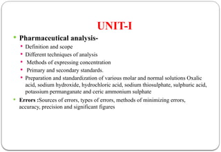 UNIT-I
 Pharmaceutical analysis-
 Definition and scope
 Different techniques of analysis
 Methods of expressing concentration
 Primary and secondary standards.
 Preparation and standardization of various molar and normal solutions Oxalic
acid, sodium hydroxide, hydrochloric acid, sodium thiosulphate, sulphuric acid,
potassium permanganate and ceric ammonium sulphate
 Errors :Sources of errors, types of errors, methods of minimizing errors,
accuracy, precision and significant figures
 