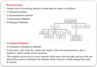  Based on nature
 Another way of classifying analysis is based upon its nature is as follows:
 1) Chemical methods
 2) Electrochemical methods
 3) Instrumental Methods
 4) Biological Methods
 1) Chemical Methods :
 A) Volumetric (Titrimetric) Methods:
 As the name ‘volu’ refers for volume and ‘metric’ refers for measurements i.e this is
method in which volume will be measured.
 This methods involves two or more reactants which react with each other and gives the end
point of the reaction with help of an indicator which will give a visible change that could
be noticed
 