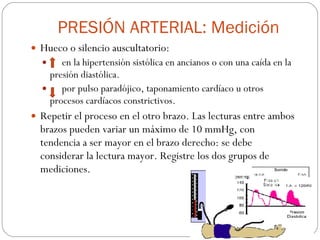PRESIÓN ARTERIAL: Medición Hueco o silencio auscultatorio: en la hipertensión sistólica en ancianos o con una caída en la presión diastólica. por pulso paradójico, taponamiento cardíaco u otros procesos cardíacos constrictivos. Repetir el proceso en el otro brazo. Las lecturas entre ambos brazos pueden variar un máximo de 10 mmHg, con tendencia a ser mayor en el brazo derecho: se debe considerar la lectura mayor. Registre los dos grupos de mediciones. 