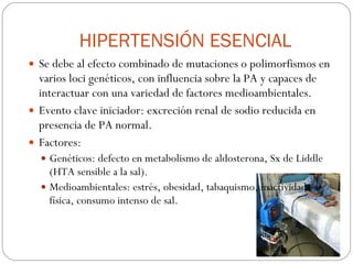 HIPERTENSIÓN ESENCIAL Se debe al efecto combinado de mutaciones o polimorfismos en varios loci genéticos, con influencia sobre la PA y capaces de interactuar con una variedad de factores medioambientales. Evento clave iniciador: excreción renal de sodio reducida en presencia de PA normal. Factores: Genéticos: defecto en metabolismo de aldosterona, Sx de Liddle (HTA sensible a la sal). Medioambientales: estrés, obesidad, tabaquismo, inactividad física, consumo intenso de sal. 